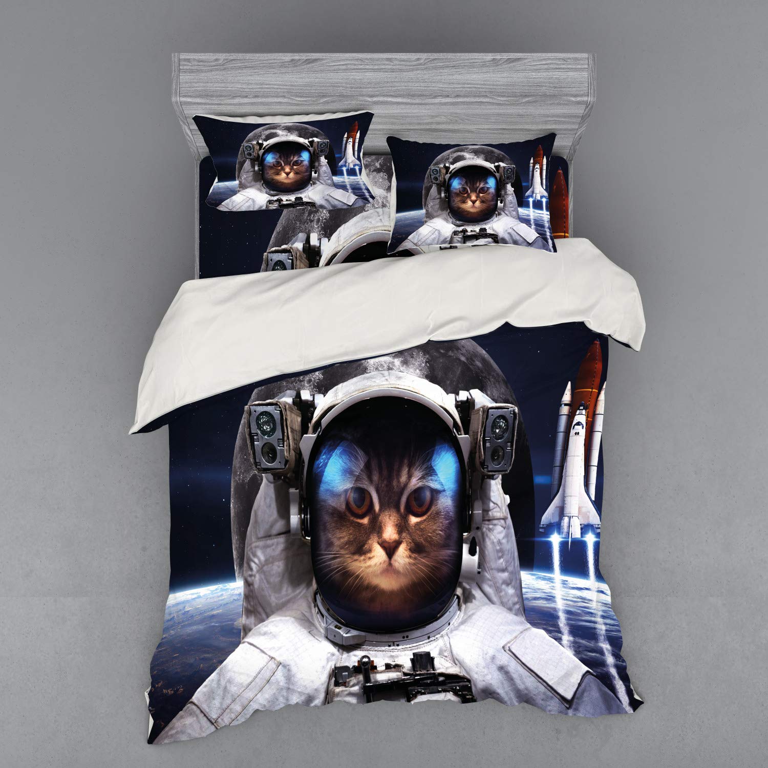 Ambesonne Space Cat Duvet Cover Set - 4 Piece Queen Size Bedding with Shams & Fitted Sheet - Astronaut Cat in Outer Space with Rocket Design - Navy Blue White Red - Perfect for Kids Room, Space Themed Bedroom & Sci-Fi Decor