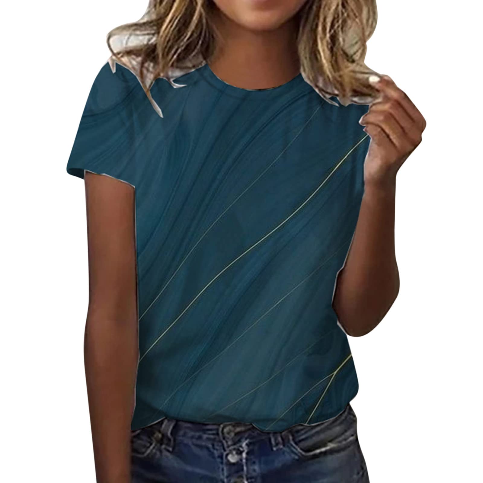 Floral Print Women's Crew Neck V-Neck Casual Short Sleeve T-Shirt - Summer Landscape Design Comfortable Blouse for Everyday Wear, Outings & Vacation