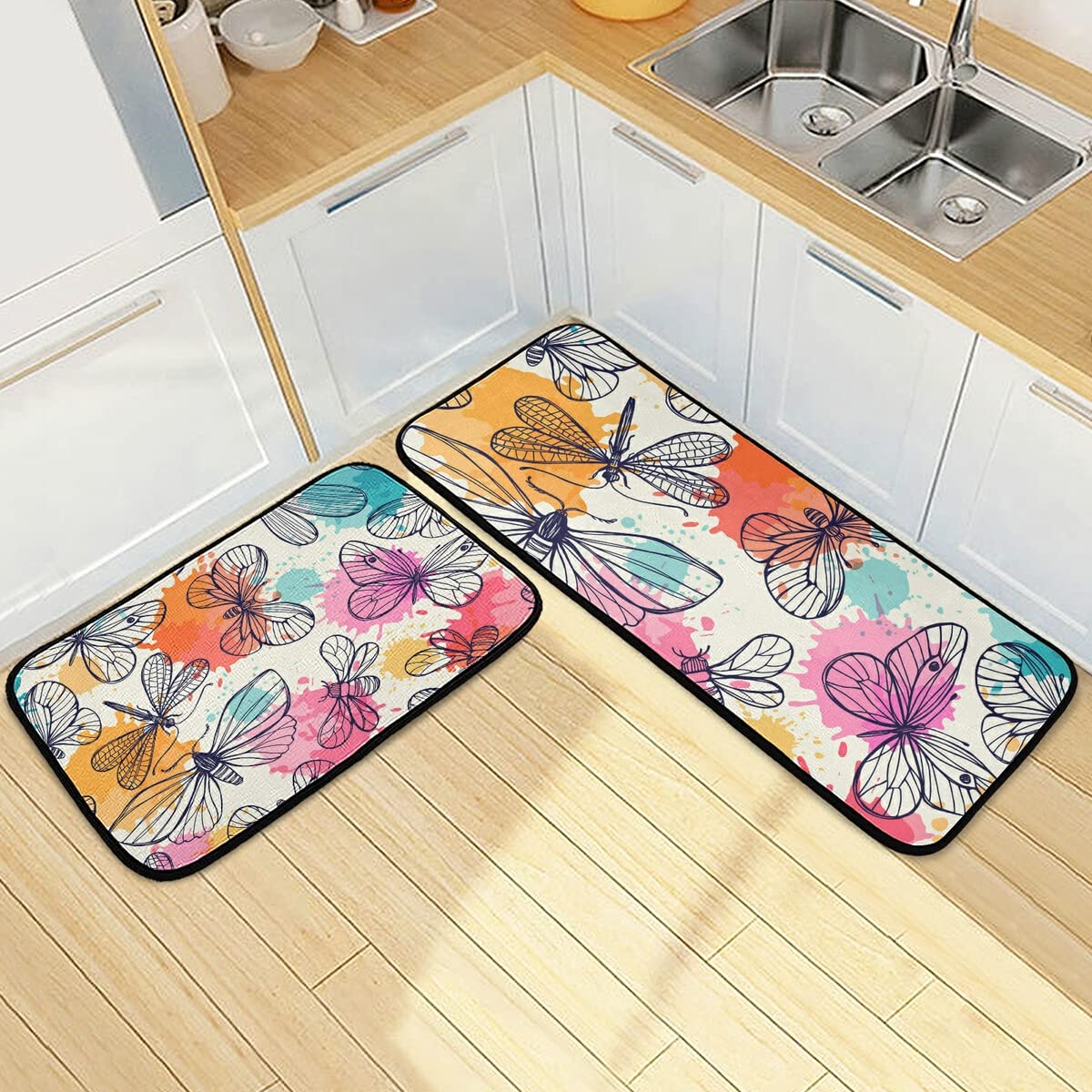 Butterfly & Dragonfly Non-Slip Kitchen Rug Set of 2 - Washable Floor Mats for Kitchen, Laundry Room - Decorative Home Accents for Farmhouse & Boho Style Decor