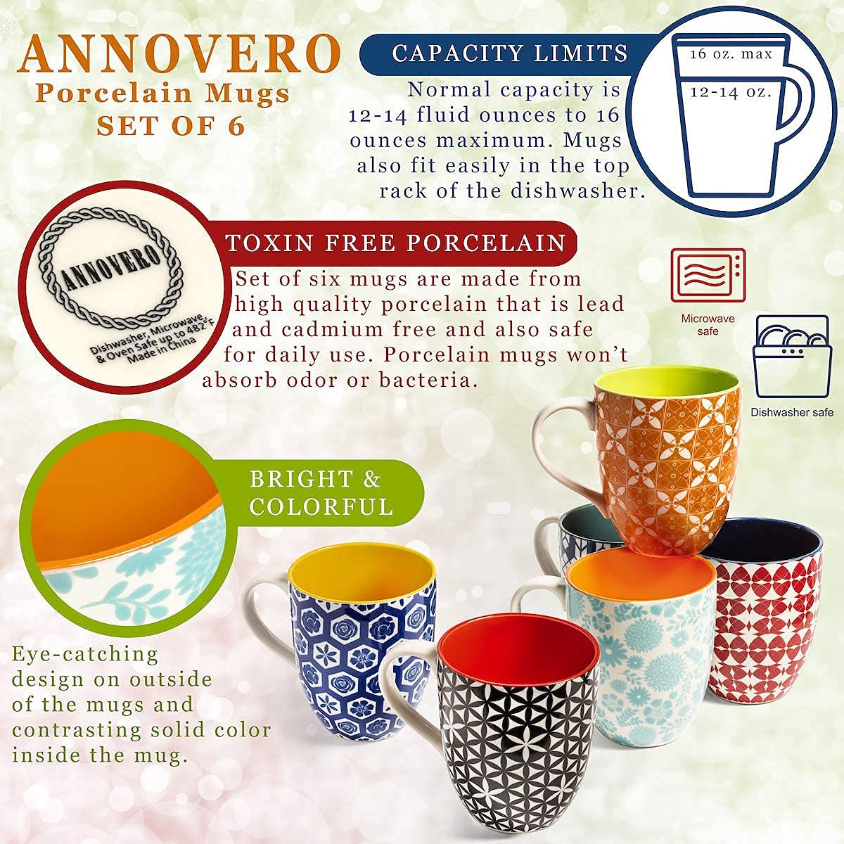 Annovero Porcelain Dinnerware Set - Microwave Safe Mugs, Salad & Dinner Plates for Everyday Use | Colorful Kitchen Dishes for Home, Restaurant & Office Dining