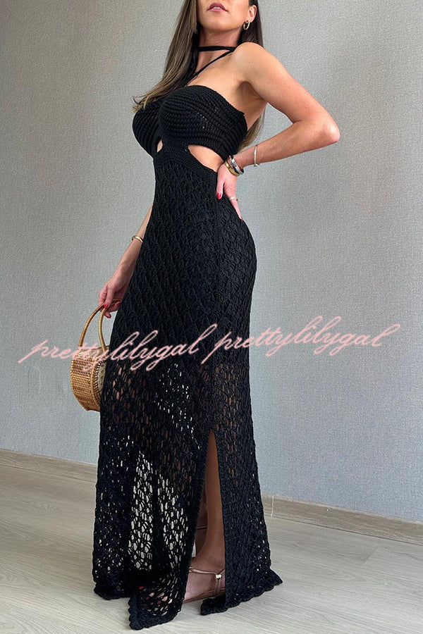 Elegant Sunset Beach Stroll Knit Texture Cutout Detail Halter Stretch Maxi Dress - Perfect for Summer Vacations, Beach Weddings & Boho Chic Outfits