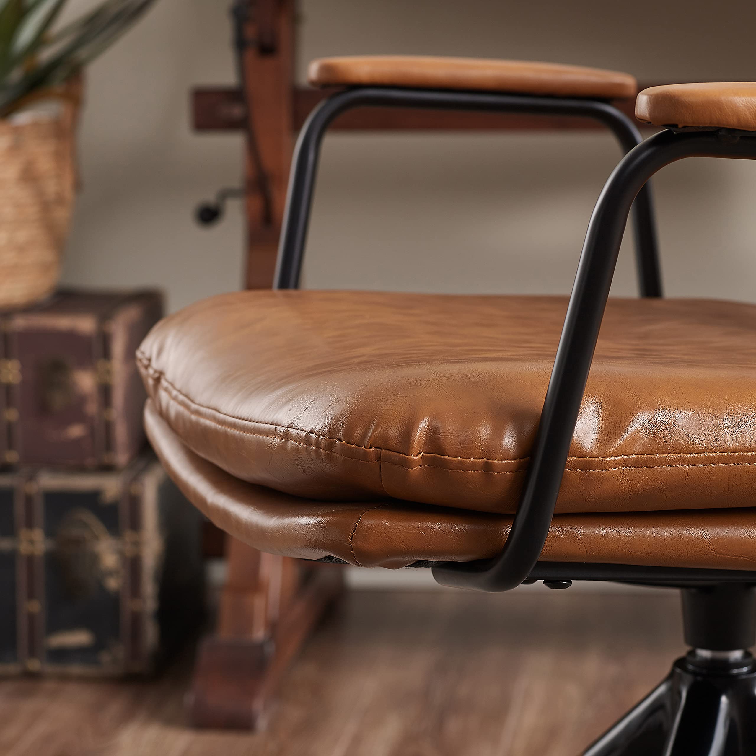 Art Leon Mid Century Modern Swivel Desk Chair Set of 2 - Oak Wood Legs & Faux Leather Upholstery, No Wheels Office Chair for Home, Bedroom or Living Room - Yellow Brown | Perfect for Small Spaces, Reading Nooks & Cozy Workstations