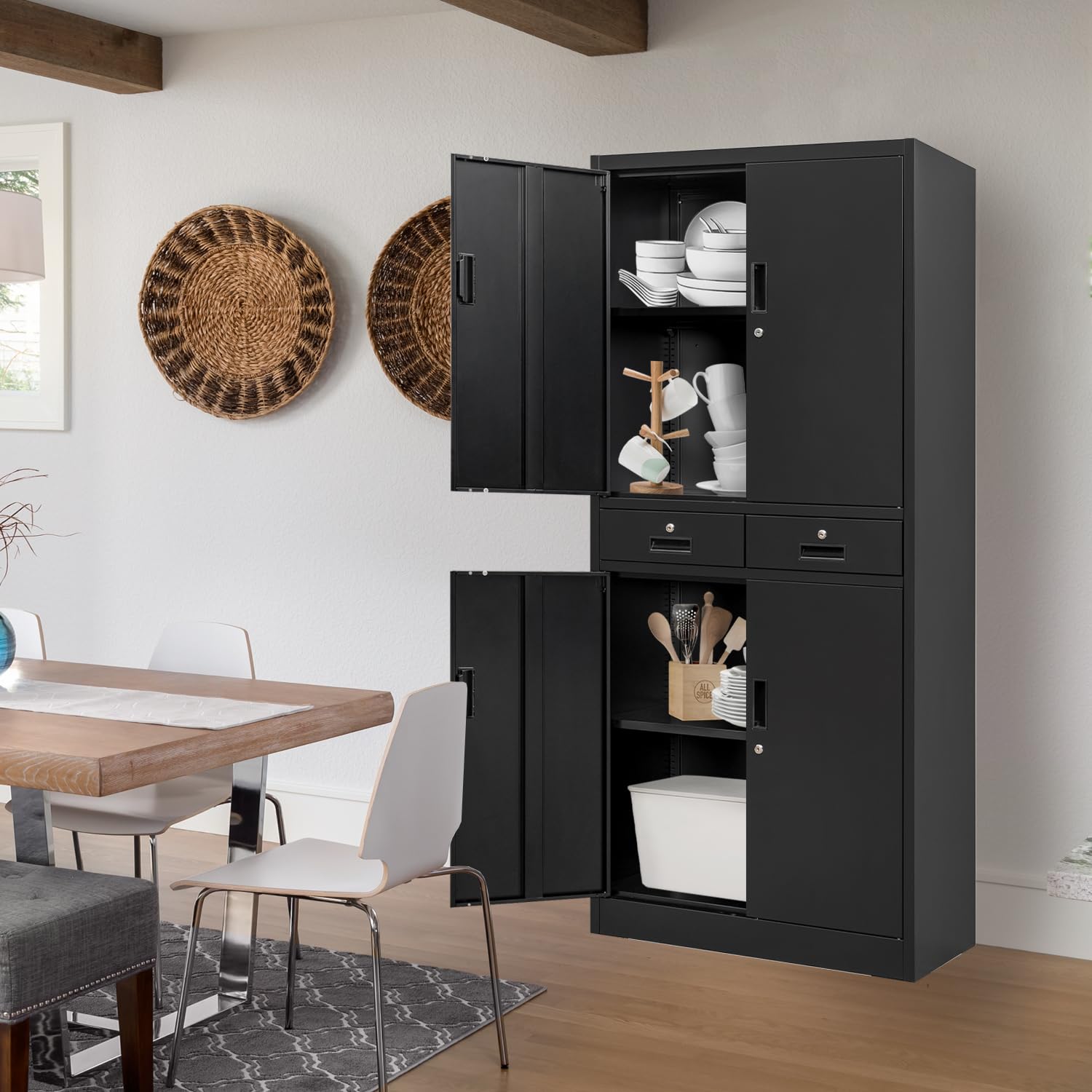 BESFUR Metal Pantry Storage Cabinet with 2 Drawers & Adjustable Shelves - Locking Organizer for Office, Garage, Home, School | Perfect for Kitchen Supplies, Tools & Utility Storage Organization