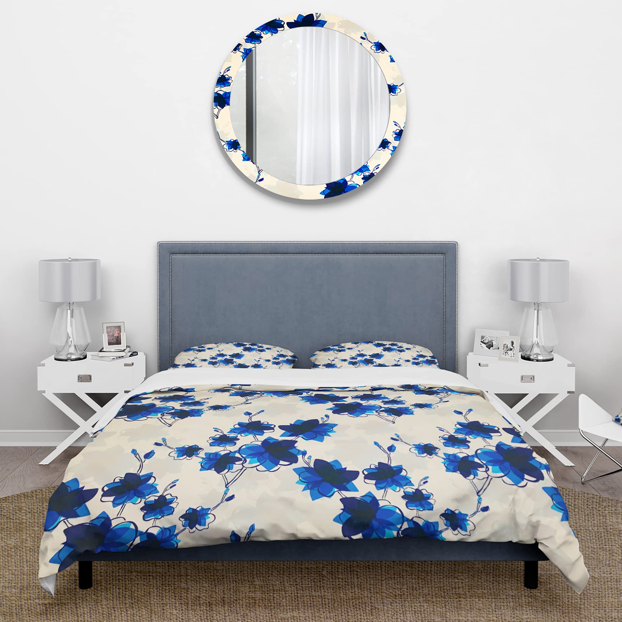 Abstract Blue Flowers Floral Duvet Cover Set - Queen Size Bedding with Pillowcases - Modern Boho Chic Home Decor for Master Bedroom & Guest Room