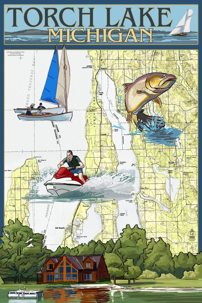 Torch Lake Michigan Nautical Chart - 16x24 Gallery Quality Metal Art Print, Aluminum Wall Decor for Home, Office, or Boat House