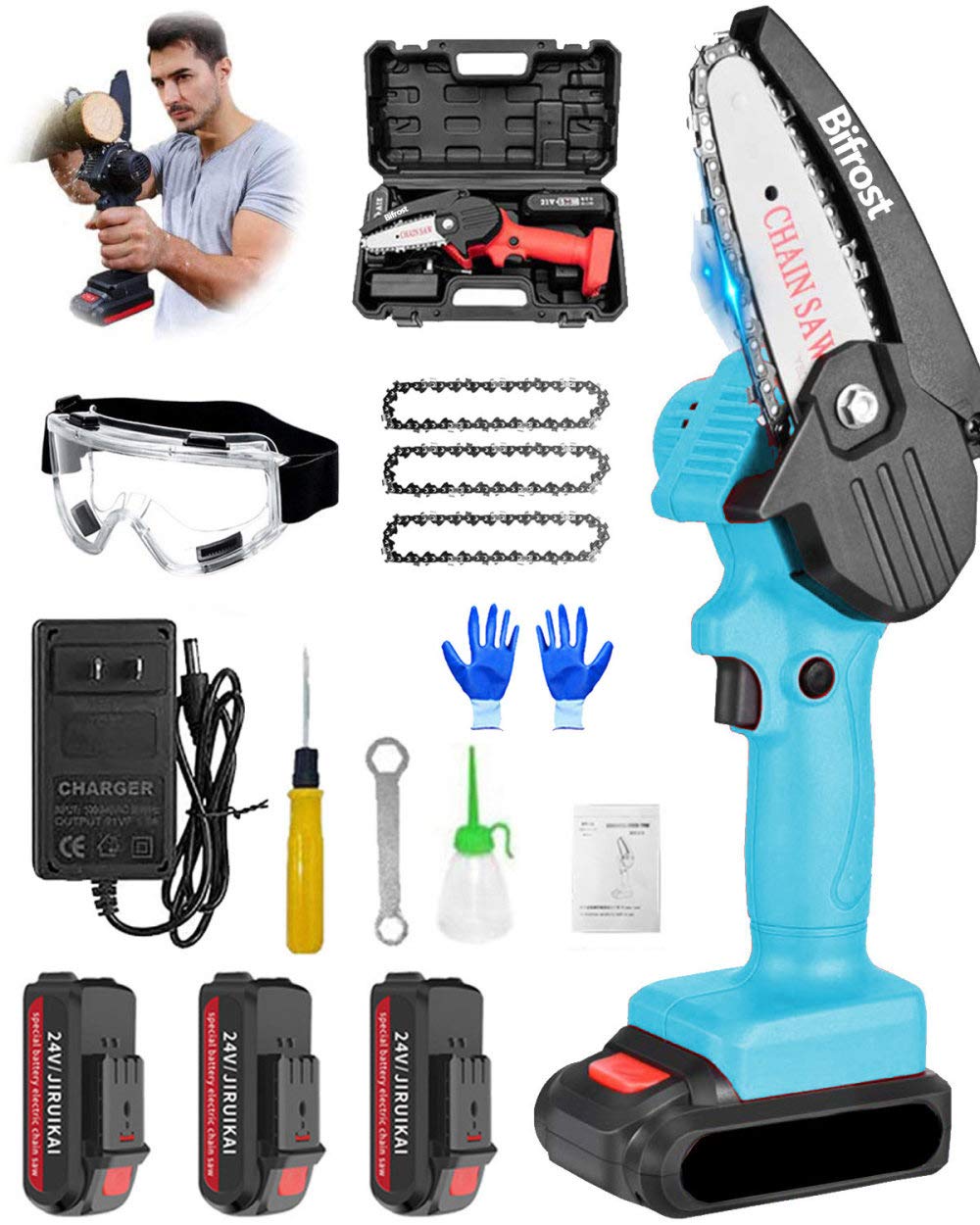 4-Inch Mini Chainsaw Cordless Electric - Lightweight 0.7kg Handheld Chainsaw with Anti-Splash Board & 3 Chains - Perfect for Tree Branch Cutting, Wood Pruning, Yard Maintenance and DIY Projects (Blue)