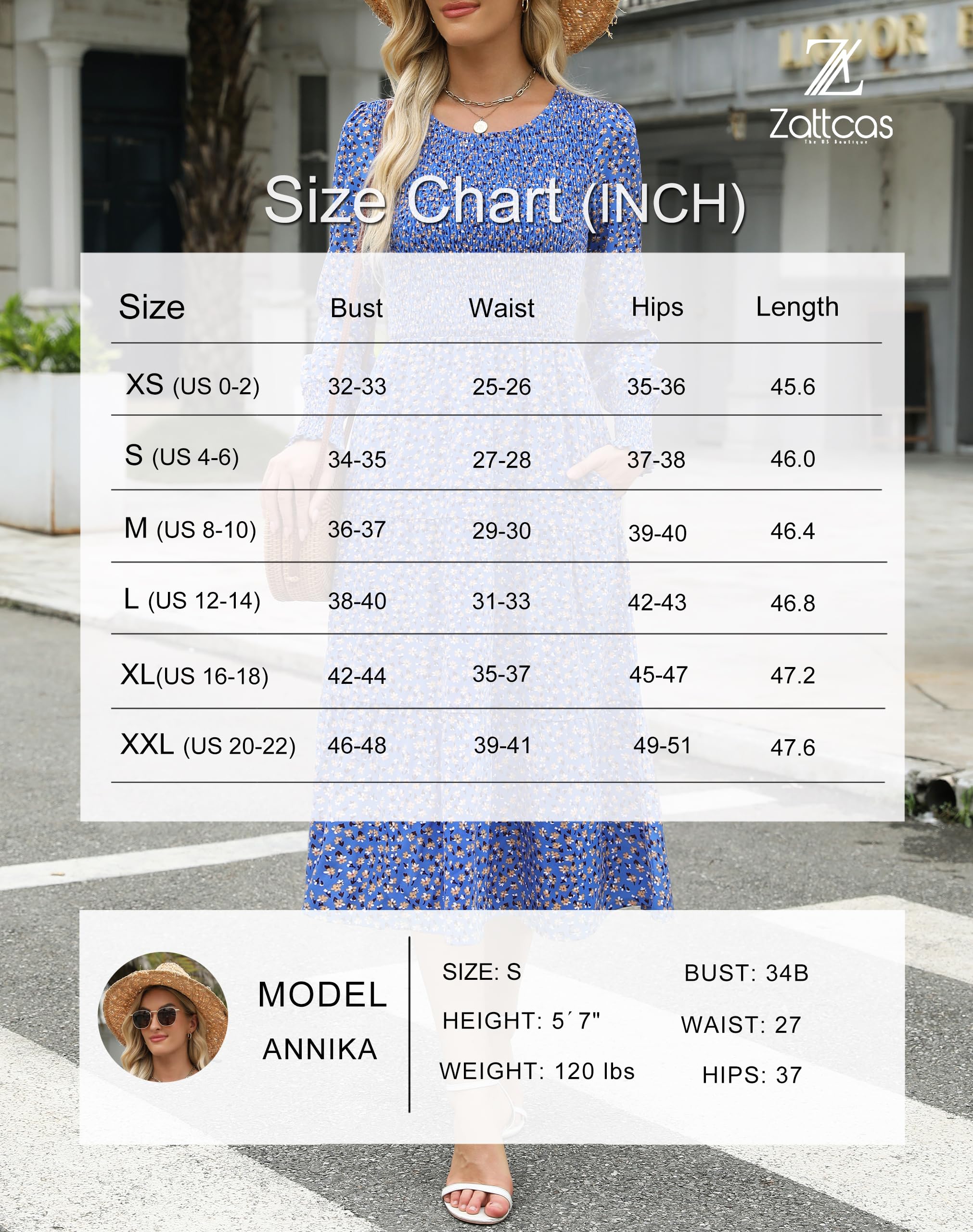 Zattcas Women's Fall Dresses 2025 - Long Sleeve Boho Floral Midi Dress with Smocked Waist & Pockets | Casual Wedding Guest Outfit for Autumn Parties, Date Nights & Office Wear