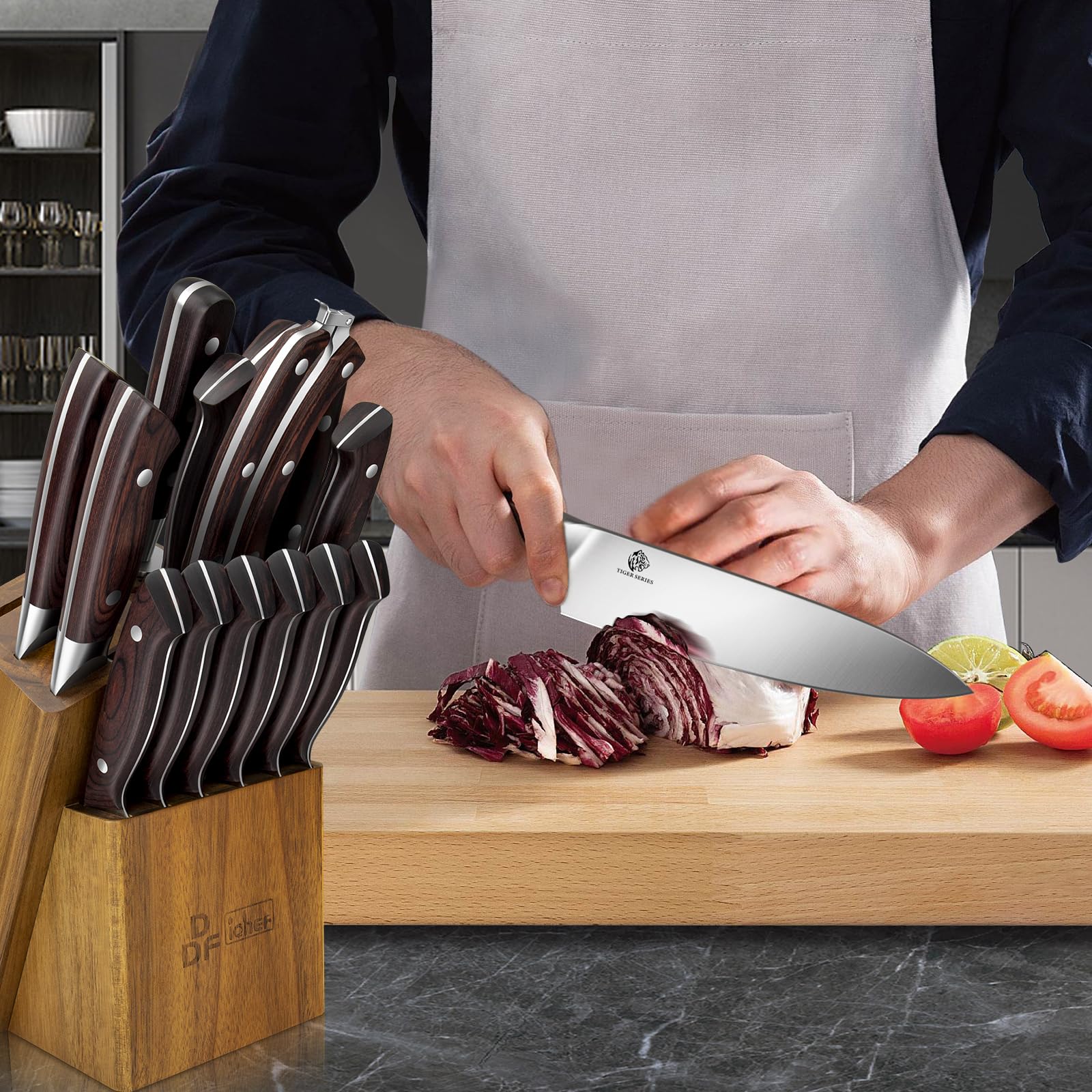 DDF iohEF 16-Piece Japanese Stainless Steel Kitchen Knife Set with Block & Sharpener - Ultra Sharp Professional Chef Knives with Ergonomic Handle for Meat, Vegetables & Fruits - Perfect for Home Cooking & Professional Kitchens
