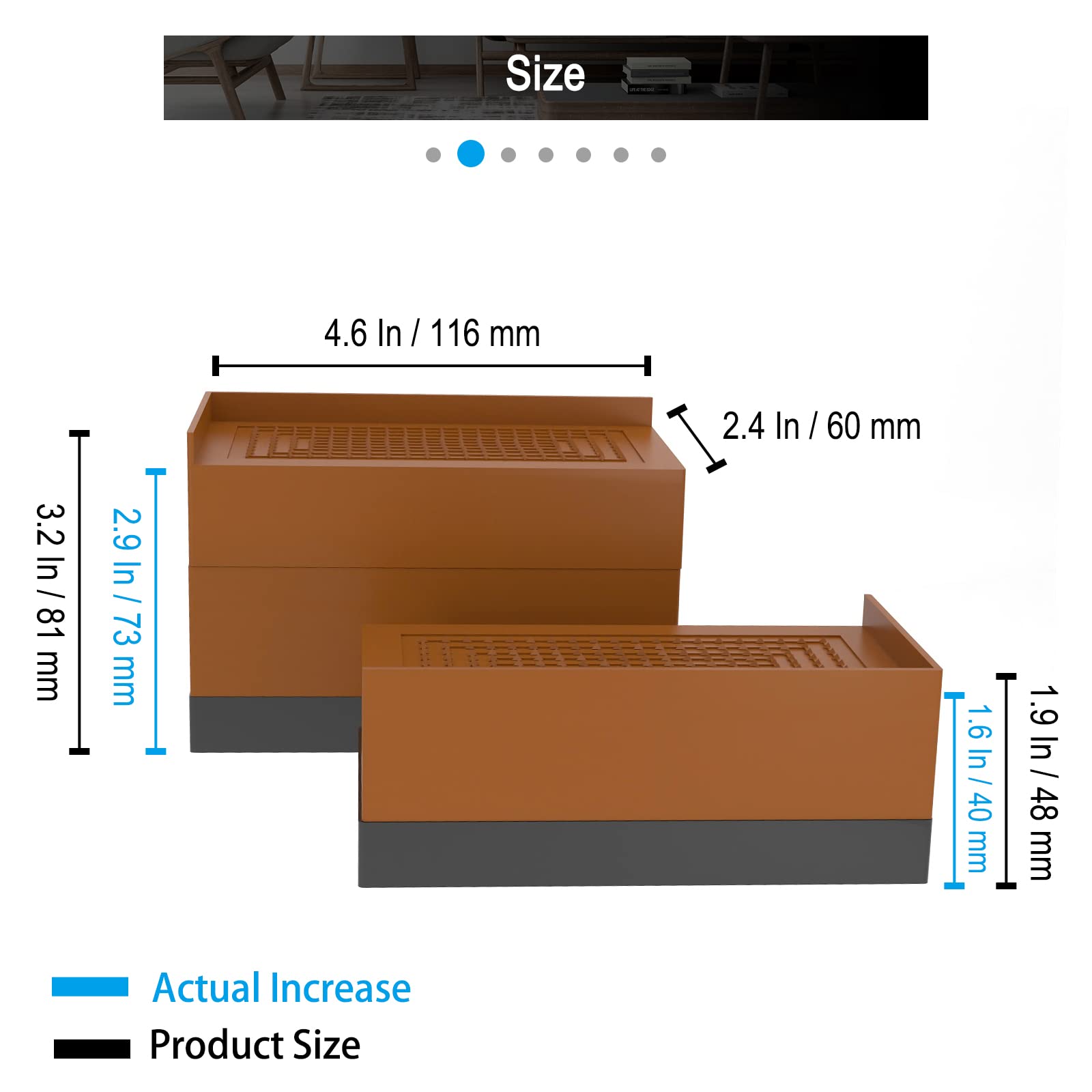 ZTON 4 Sets Heavy Duty Adjustable Furniture Bed Risers - Lift Up to 2.91 Inch Height, Supports 1500Lbs for Bed, Table, Sofa, Chair, Desk (Rectangle-Brown, 3.2
