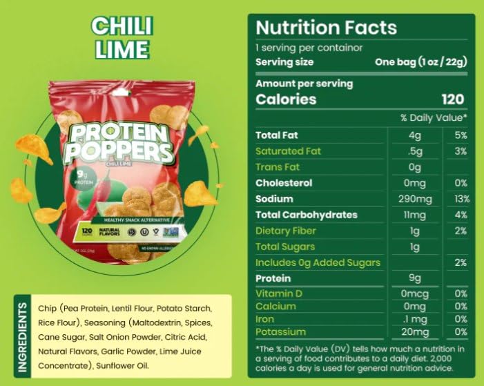 Vegan Protein Chips - High Protein Snacks for Adults | 9g Plant-Based Protein, 120 Calories per Serving | Low Sugar, Low Calorie Healthy Chips for Weight Loss | Gluten-Free, Keto-Friendly | Perfect for Office, Gym & Travel Snacking | Chili Lime Flavor (1oz Bag)