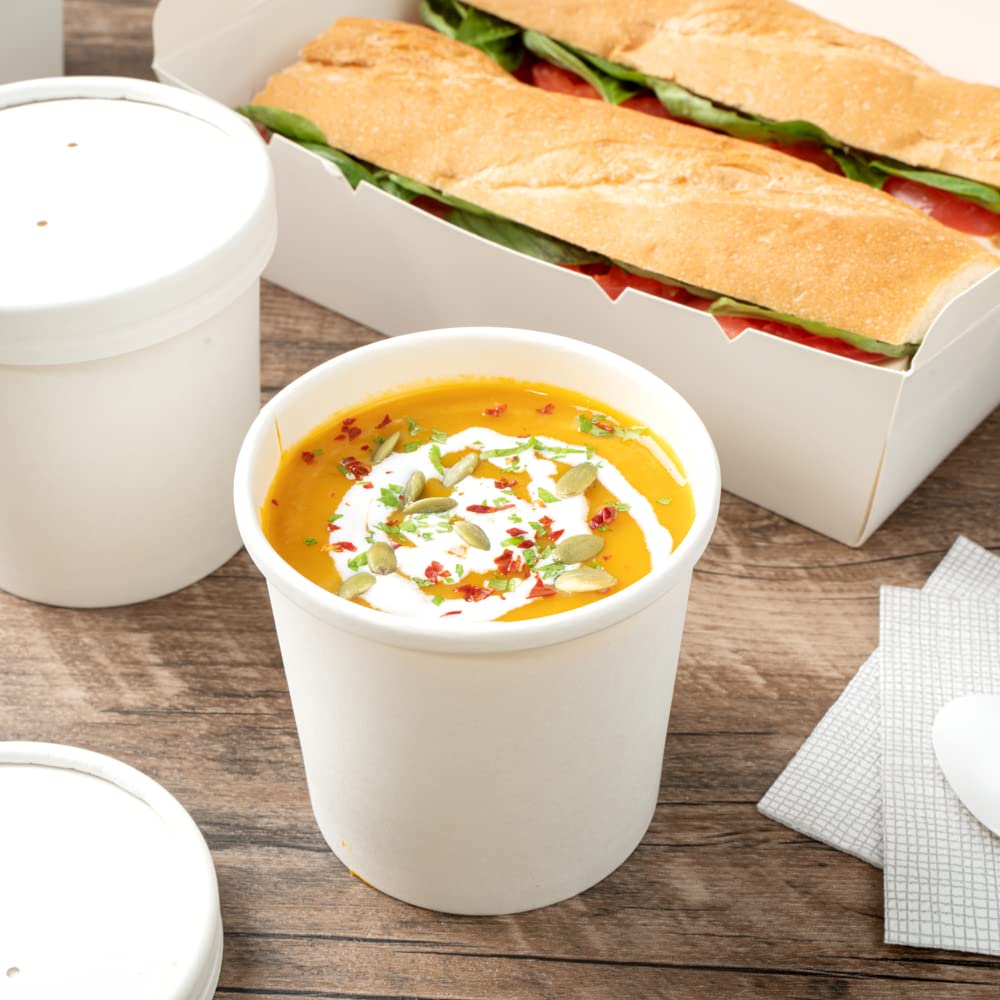 Restaurantware Bio Tek 12oz Disposable Soup Cups - 200 Pack Microwave Safe Paper Containers with Vented Lids (Sold Separately) for Hot & Cold Foods - White To-Go Soup Bowls Perfect for Desserts, Treats, Takeout, Catering & Restaurant Use