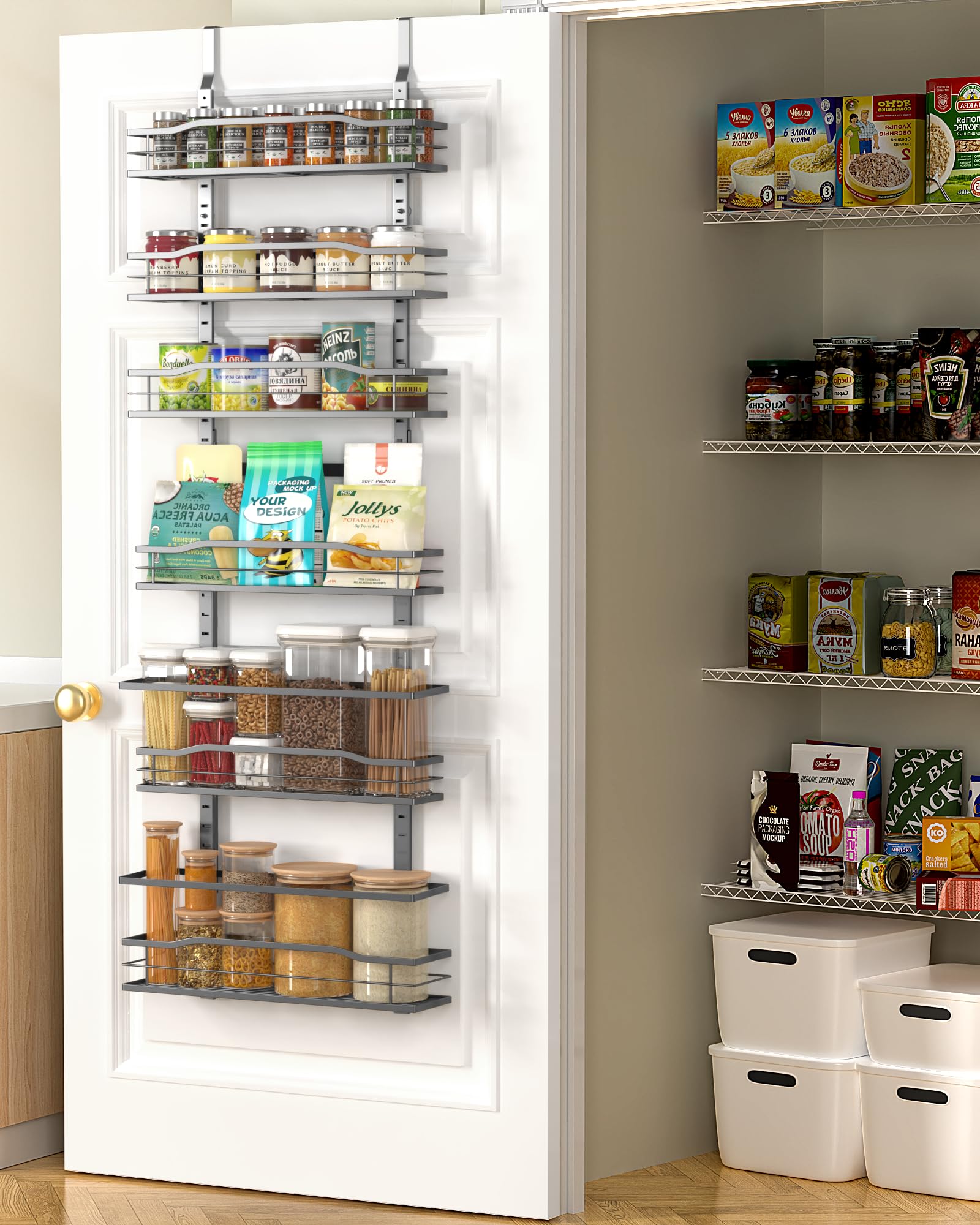 Moforoco 6-Tier Over The Door Pantry Organizer - Space Saving Hanging Storage Shelf for Spices, Kitchen & Bathroom Essentials - Perfect for Pantry, Laundry Room & Cabinet Door Organization (Black)