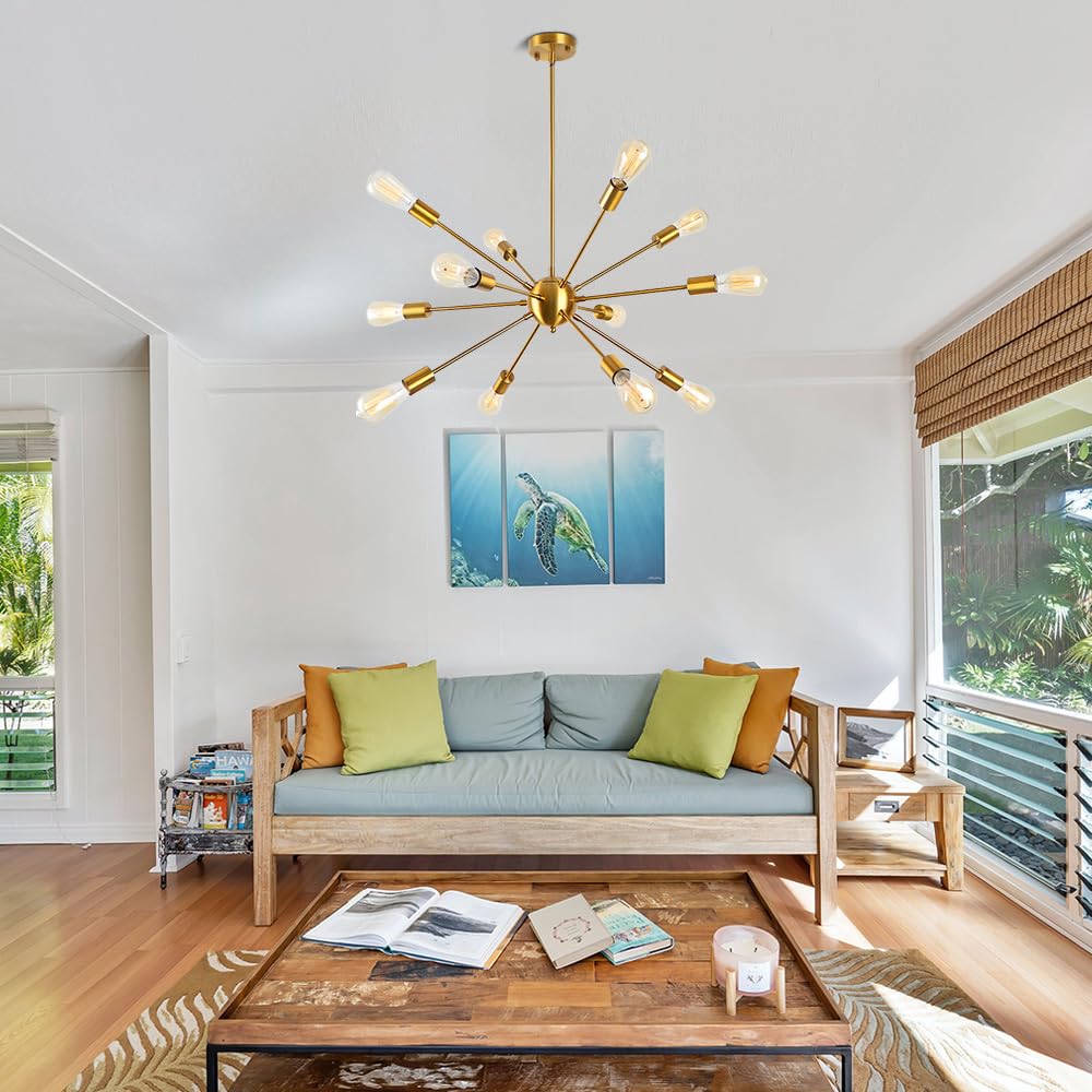 LynPon Sputnik Chandelier - 12-Light Modern Brass Gold Pendant Ceiling Light Fixture for Industrial Style Kitchen, Dining Room, Living Room & Bedroom | Perfect for Farmhouse, Loft & Mid-Century Modern Decor