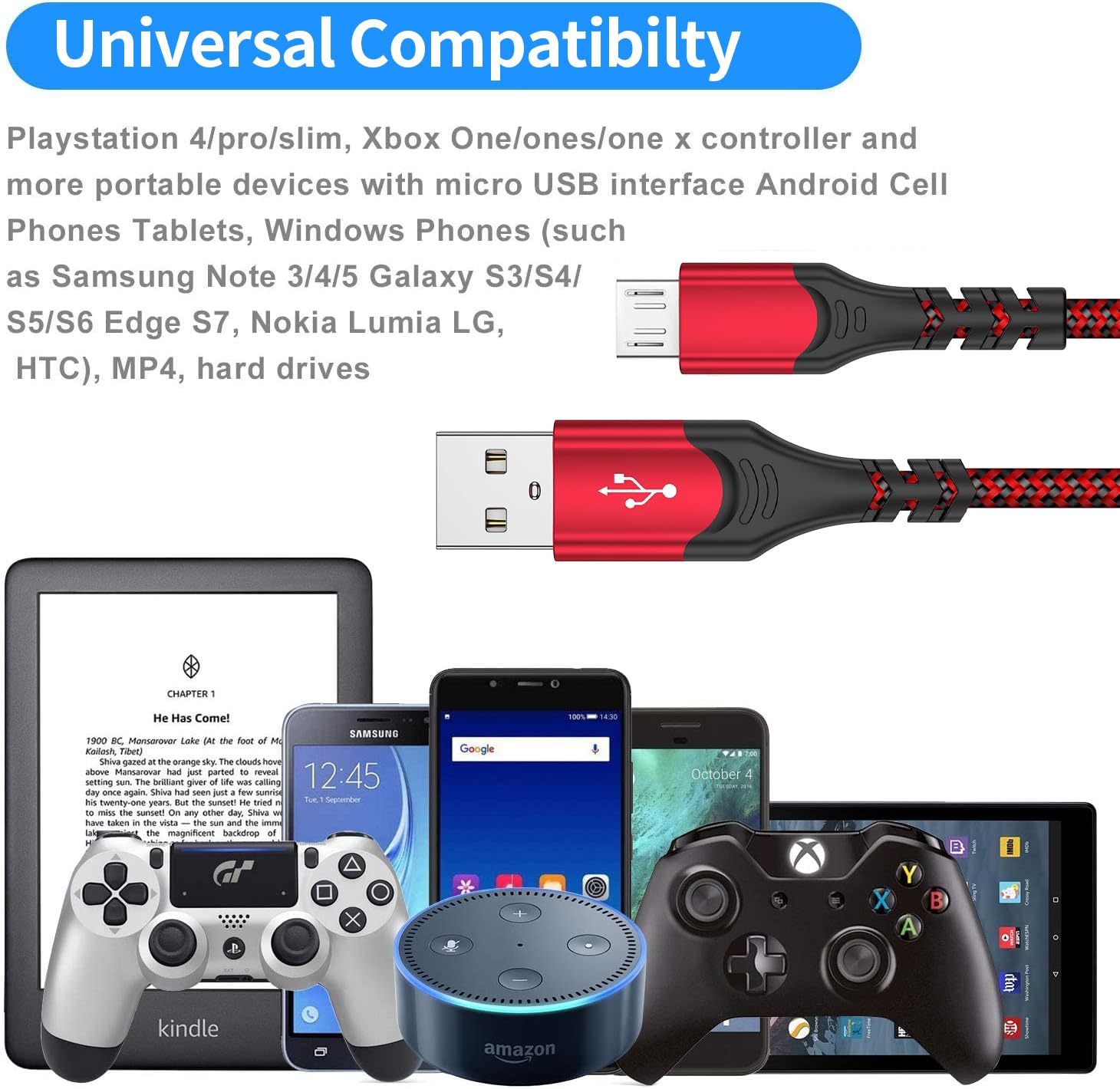 KOOWOD 2-Pack 10FT Nylon Braided Micro USB 2.0 Charging Cable - Fast Charging & Data Sync for PS4 DualShock 4, Xbox One S/X Controllers, Android Phones - Durable Gaming & Mobile Charging Solution for Home & Travel