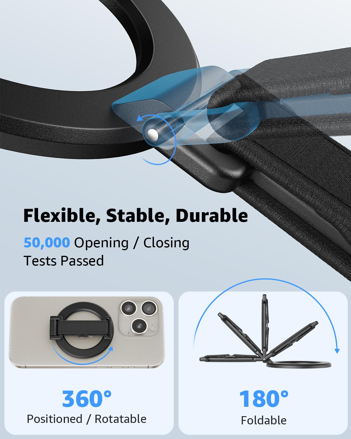SUPERONE 2025 Upgraded MagSafe Phone Grip with Finger Strap & Kickstand - Removable Magnetic Ring Holder for iPhone 16/15/14/13/12 Series (Black) - Perfect for One-Hand Use, Video Calls, and Secure Phone Handling