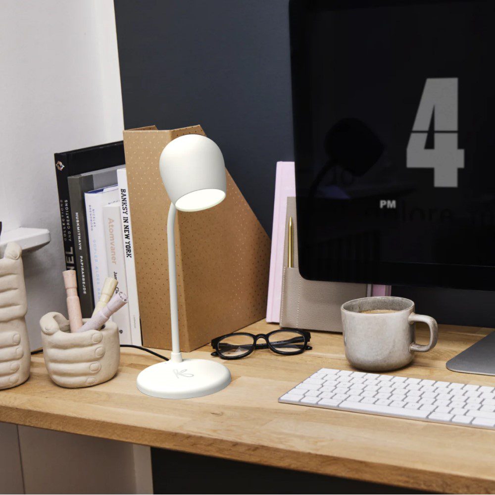 KREAFUNK Ellie Desk Lamp with Bluetooth Speaker & Wireless Charger - Modern LED Desk Light for Home Office, Bedroom, Dorm - White | Stylish & Functional Lighting for Work, Study, and Relaxation