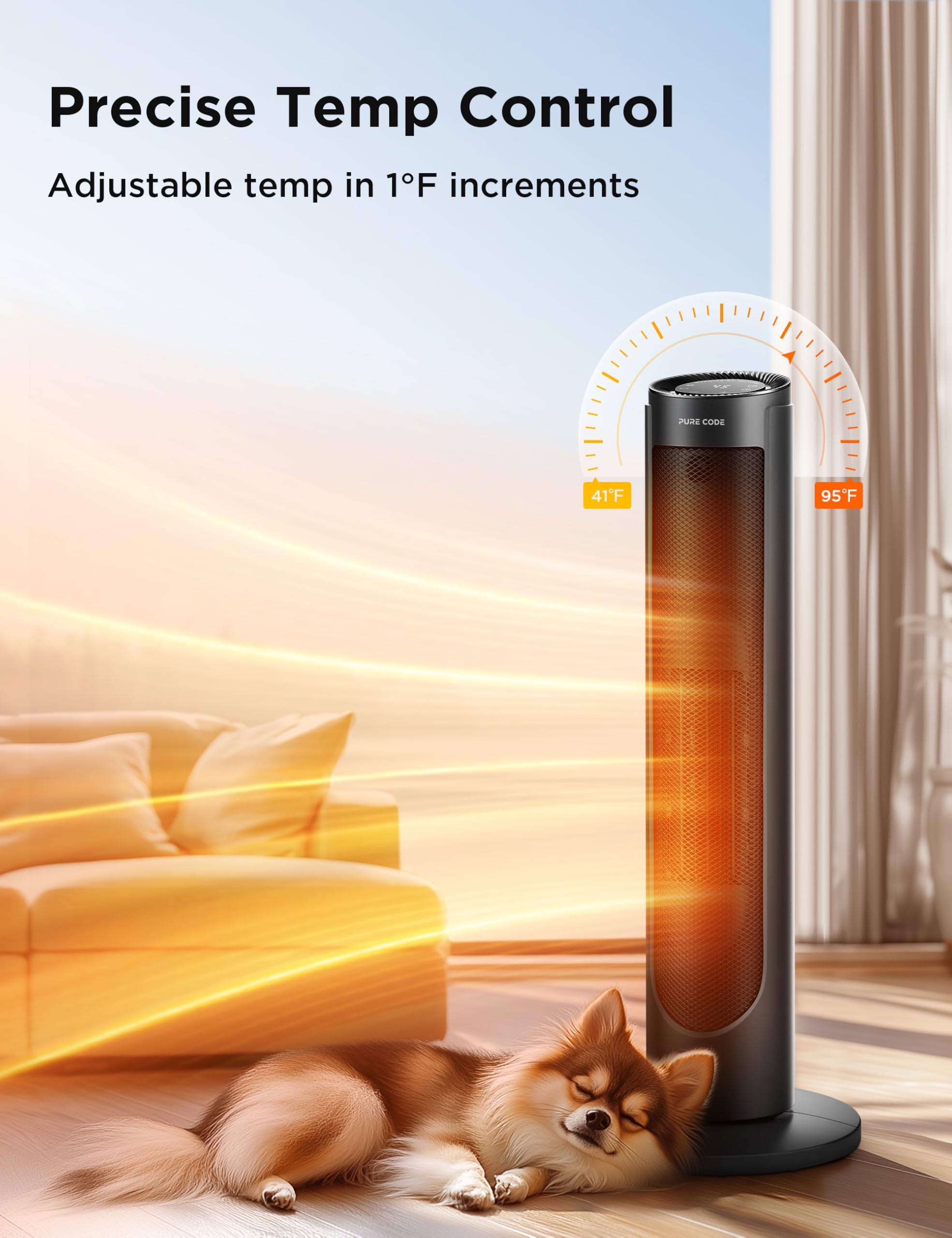 PURE CODE Space Heater - 1500W Portable Electric Heater with Voice & Remote Control, PTC Ceramic Fast Heating, 3 Modes & 12H Timer, Overheat & Tip-Over Protection for Indoor Use - Perfect for Office, Bedroom, Home & Small Spaces
