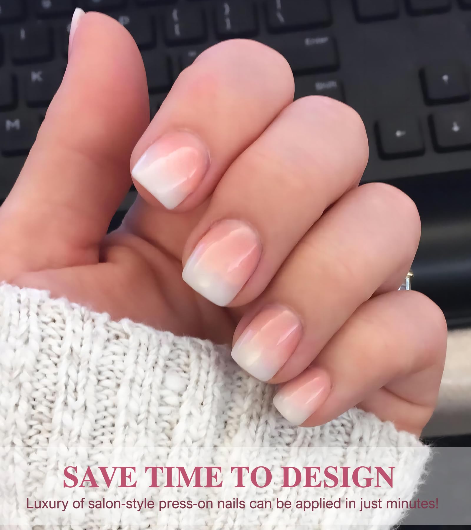 24pcs Short Press On Nails - Ombre Square Fake Nails with French Tip Design, 12 Sizes Stick On Nails Kit with Jelly Stickers for Easy Application | Perfect for Parties, Weddings & Everyday Wear