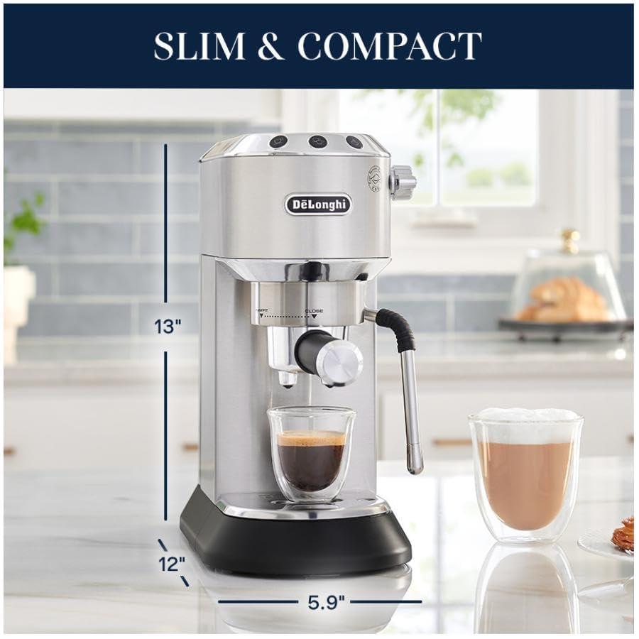 De'Longhi Dedica Arte Espresso Machine with Manual Milk Frother - 15 Bar Pump for Espresso, Cappuccino & Latte - 35oz Removable Water Tank - Compact Design for Home & Office Use - Silver (EC885M)