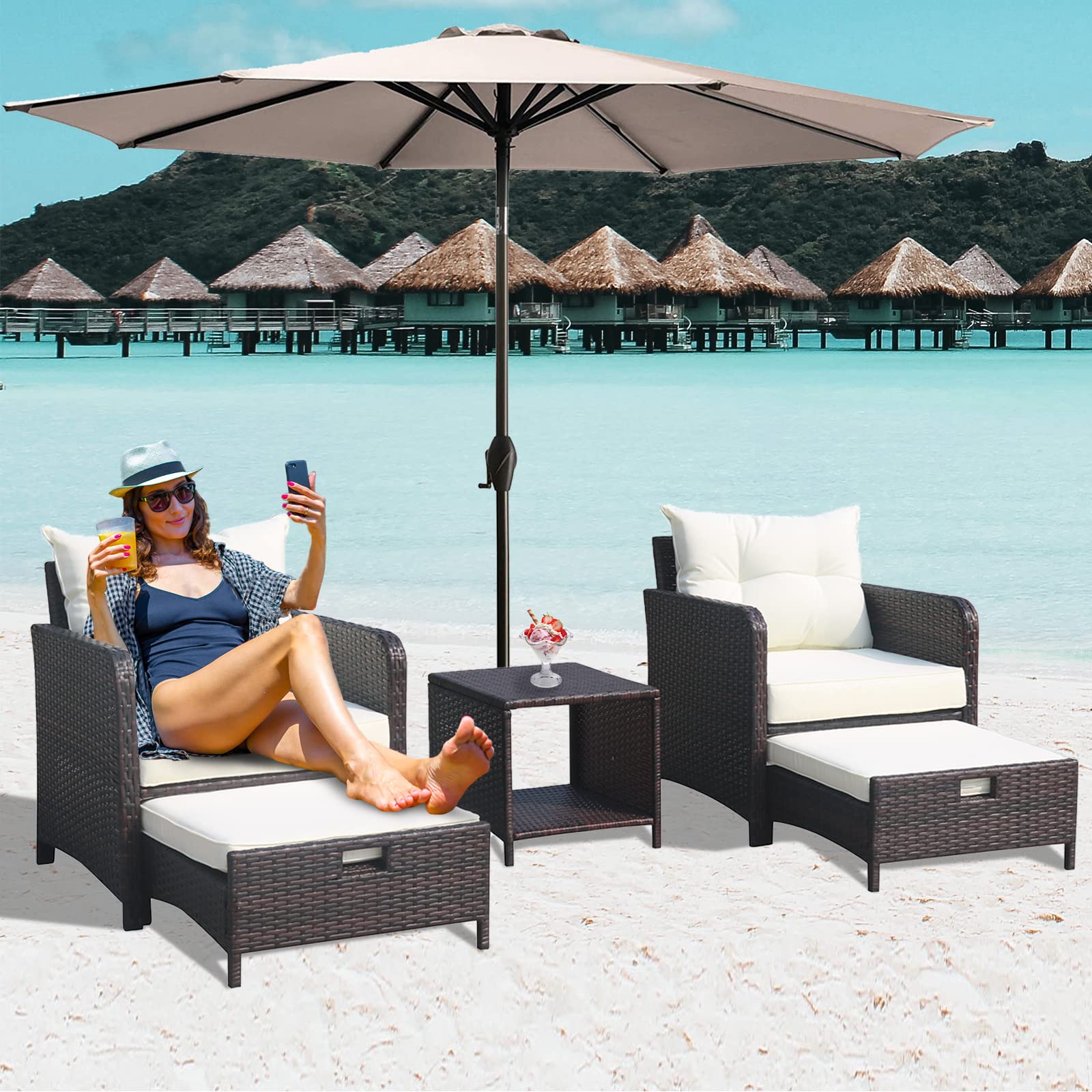 FKSLIFE Outdoor Patio Furniture Set - PE Wicker Conversation Set for Garden, Poolside, Porch & Balcony - Weather-Resistant White Patio Furniture for Relaxing & Entertaining