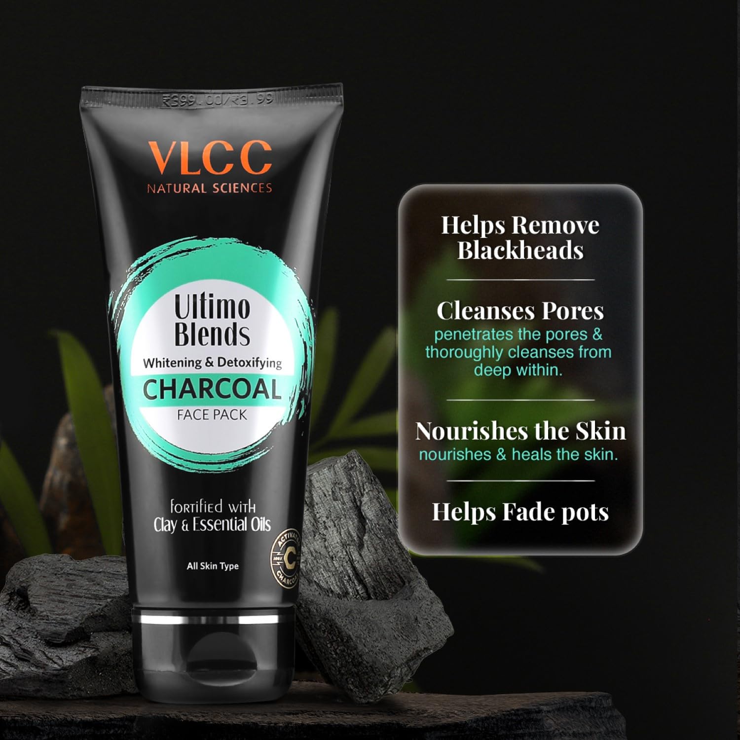 VLCC Ultimo Blends Charcoal Face Pack - 100g | Activated Charcoal & Natural Oils for Skin Whitening, Detox & Blackhead Removal | Deep Cleansing Facial Mask for Oily & Acne-Prone Skin | Spa & At-Home Skincare Treatment