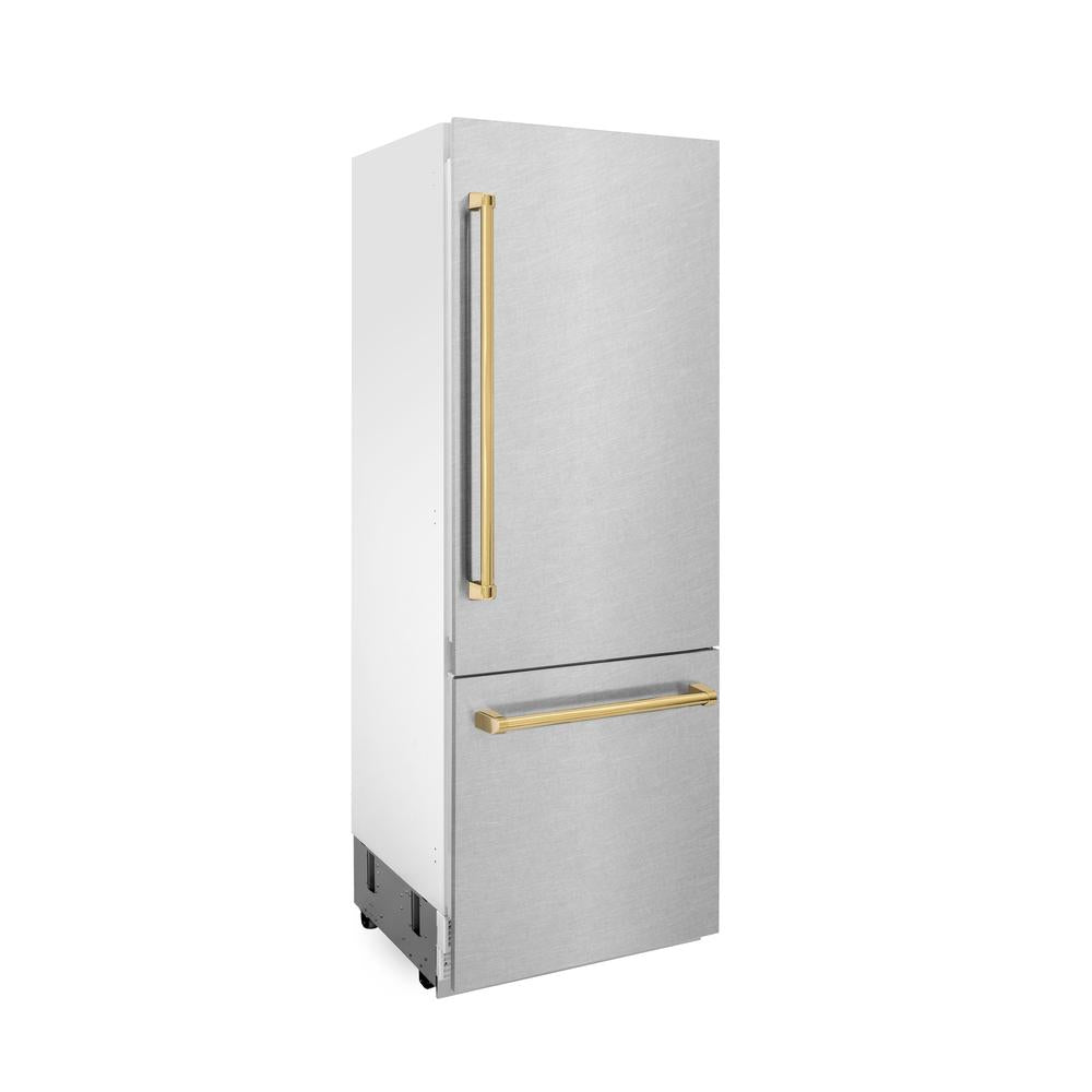 ZLINE Autograph Edition 30-Inch Built-In Bottom Freezer Refrigerator - 16.1 cu. ft. Capacity, Water Dispenser & Ice Maker - Satin Stainless Steel with Polished Gold Accents (RBIVZ SN 30 G) - Perfect for Modern Kitchens & Luxury Homes