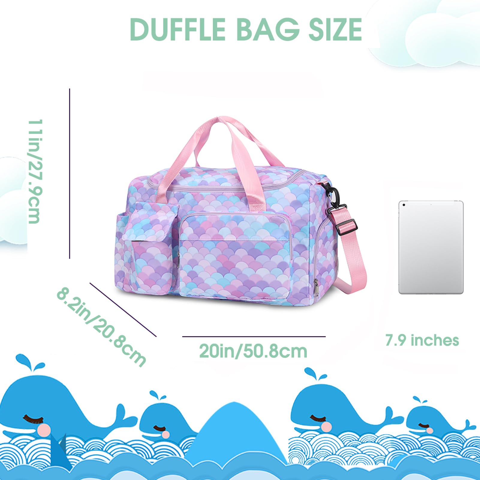 Mermaid Purple Kids Duffle Bag for Girls - Waterproof Travel Overnight Bag with Shoes Compartment | Perfect for Dance Class, Sleepovers & Weekend Getaways