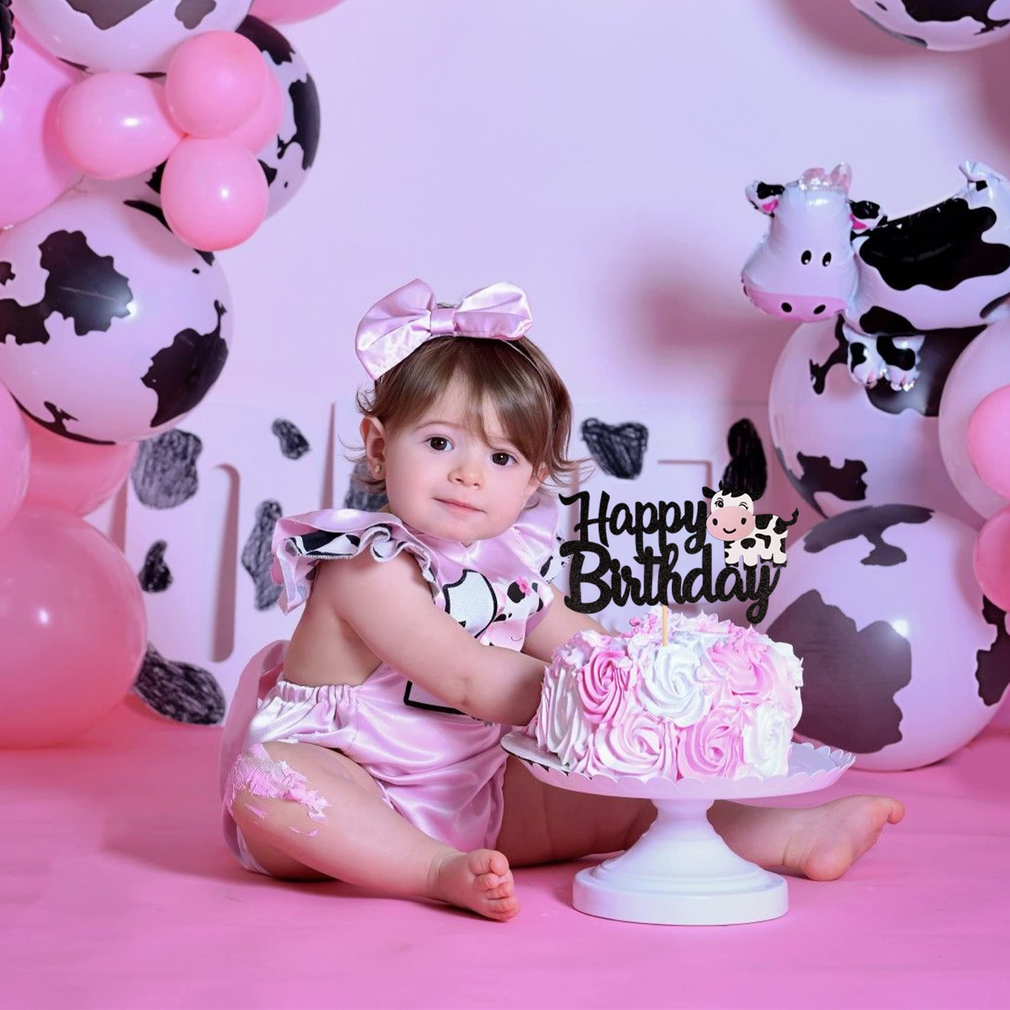1 PCS Cow Happy Birthday Cake Topper - Glitter Farm Animal Cake Decor for Cow Theme Baby Shower, Kids 1st Birthday Party - Perfect for Boys & Girls Birthday Cakes, Cupcakes and Dessert Table Decorations