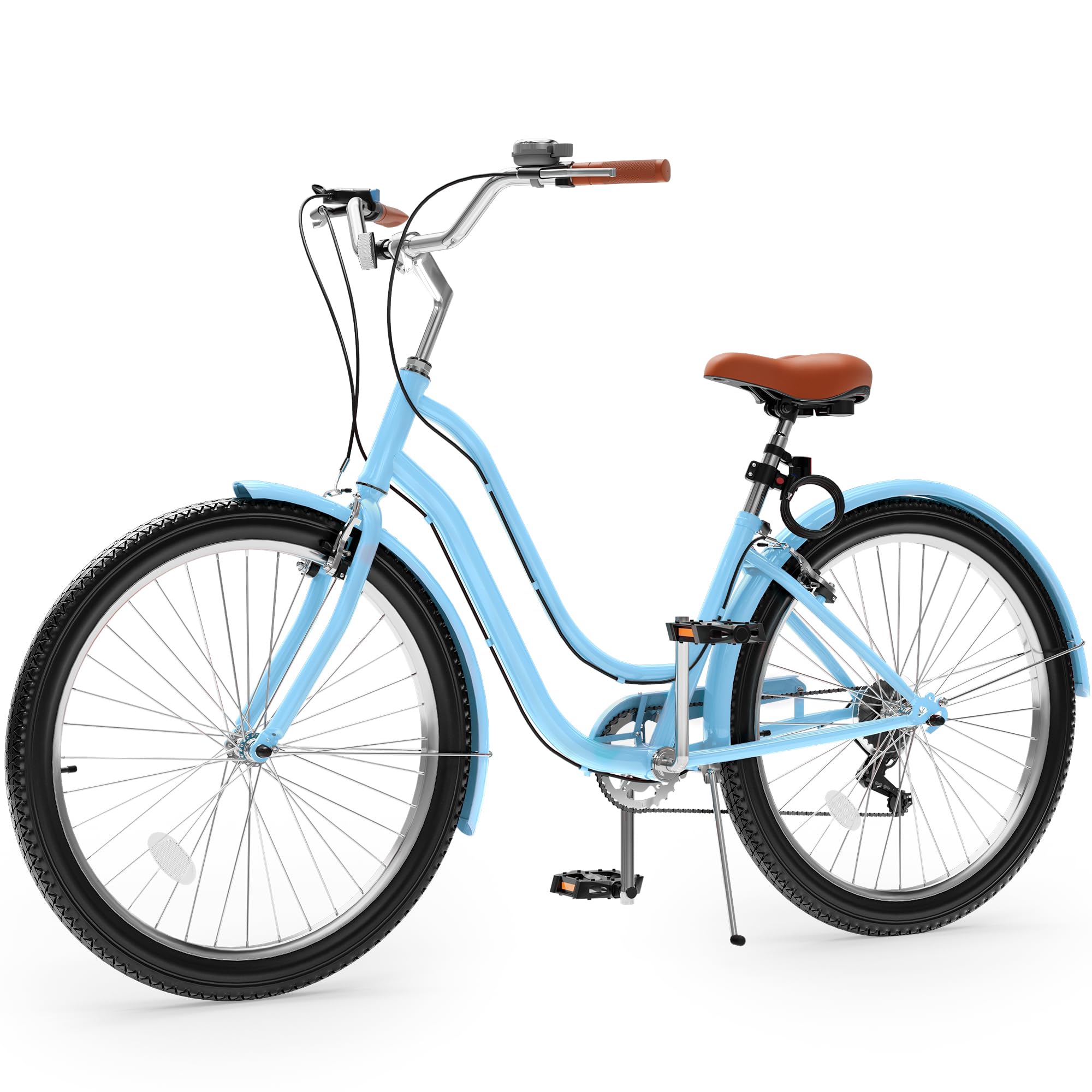 YITAHOME 24 & 26 Inch Beach Cruiser Bike for Adults - 7 Speed & Single Speed Commuter Bicycle with Step-Through Frame, Steel Construction & Full Fenders - Perfect for Leisure Rides, Beach Cruising & Urban Commuting
