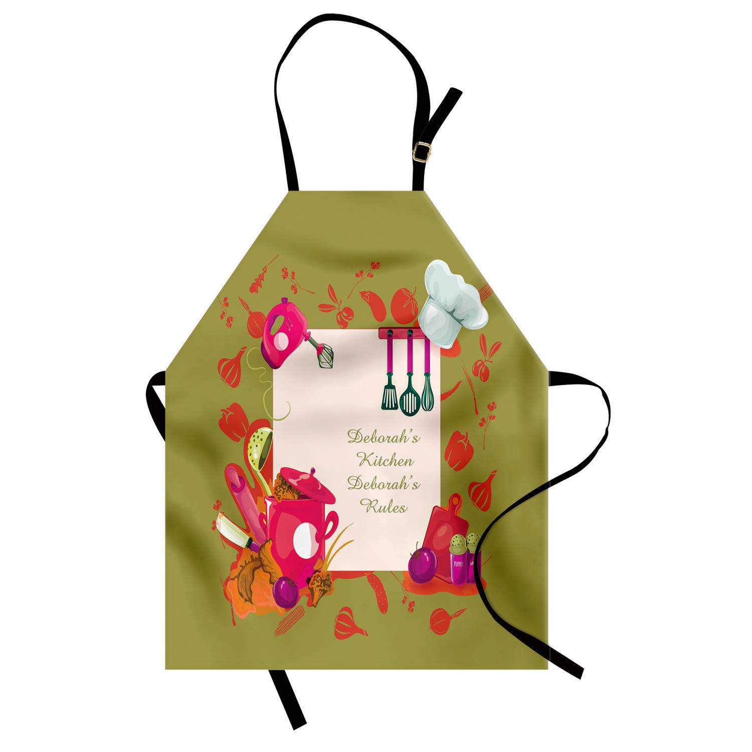 Ambesonne Personalized Chef Apron - Colorful Cartoon Cooking Utensils Print, Adjustable Unisex Kitchen Bib for Adults (Hot Pink) - Perfect for Home Cooking, BBQ, Baking & Restaurant Use