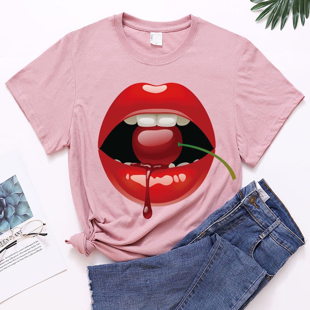 Lovevop Stylish Summer Lip Print Short Sleeve T-Shirt for Women - Trendy Casual Tee for Beach, Vacation & Everyday Wear