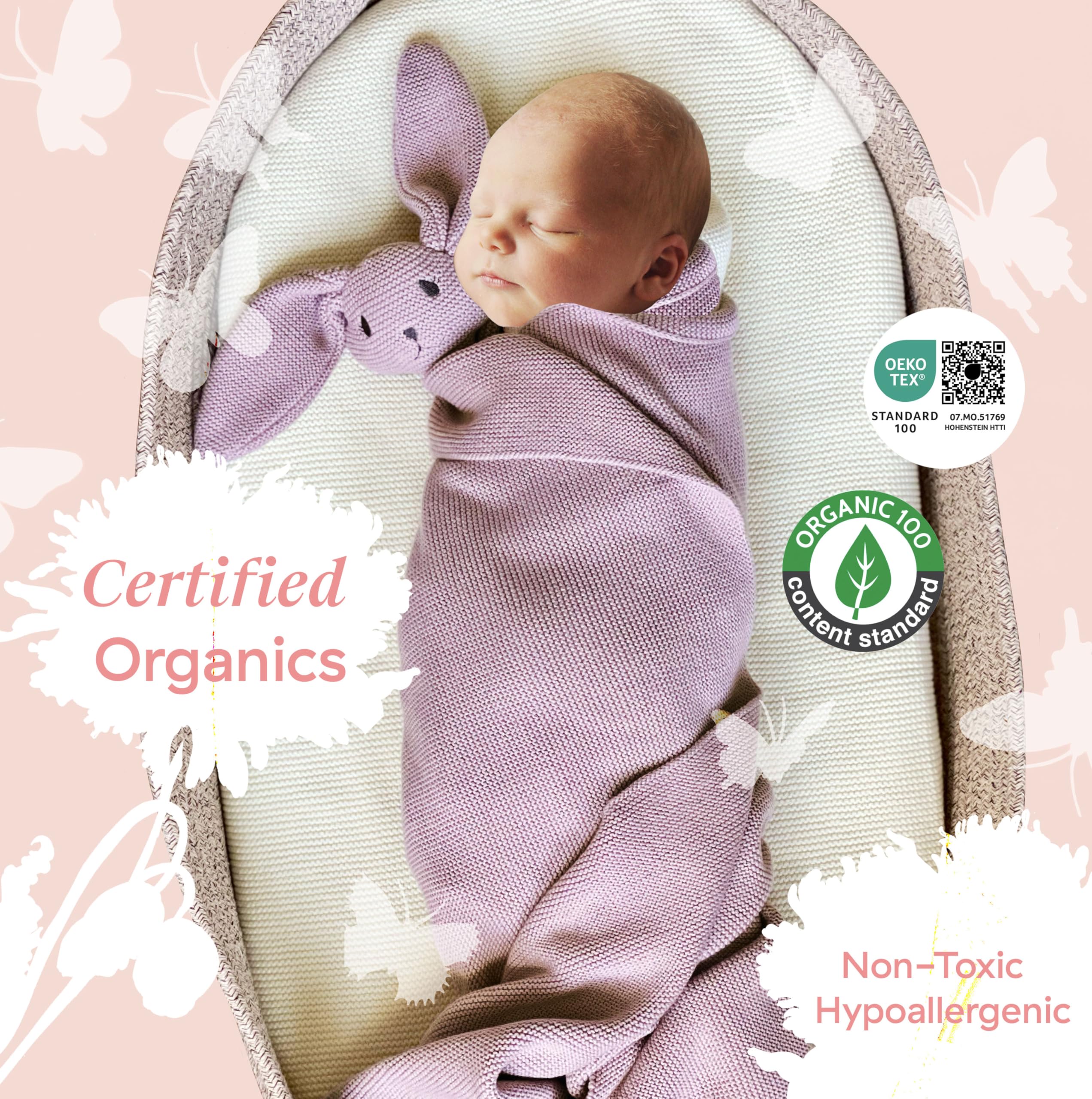 NURY Organic Baby Blanket - 100% Certified Soft & Safe Baby Gift for Boys & Girls | Gender Neutral Dusky Rose Blanket for Newborns, Infants & Toddlers | Perfect for Nursery, Stroller & Swaddling