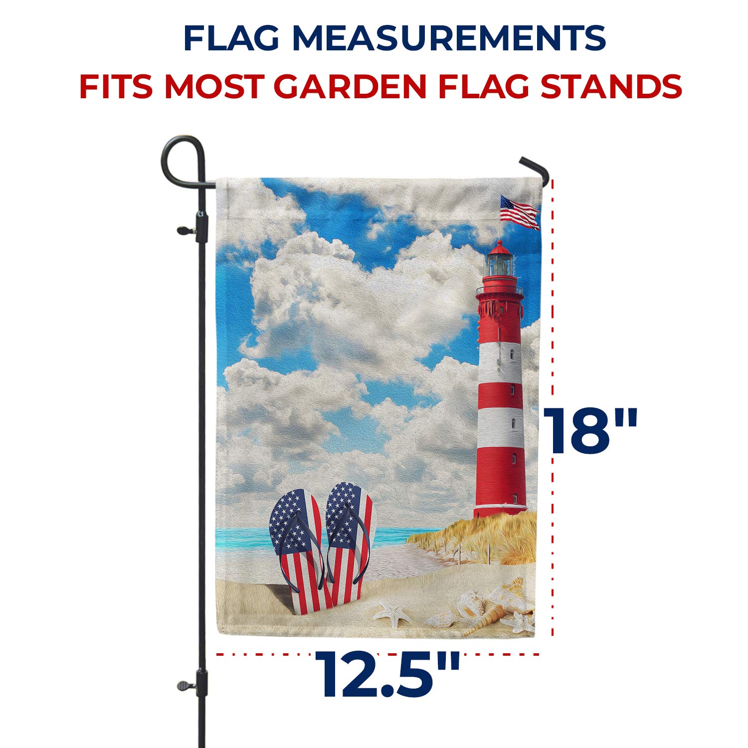 American Patriotic Flip Flops Summer Garden Flag – USA Beach Lighthouse Nautical Decor – Double-Sided Outdoor Yard Flag 12.5 x 18 Inches – Perfect for 4th of July, Memorial Day & Backyard BBQs