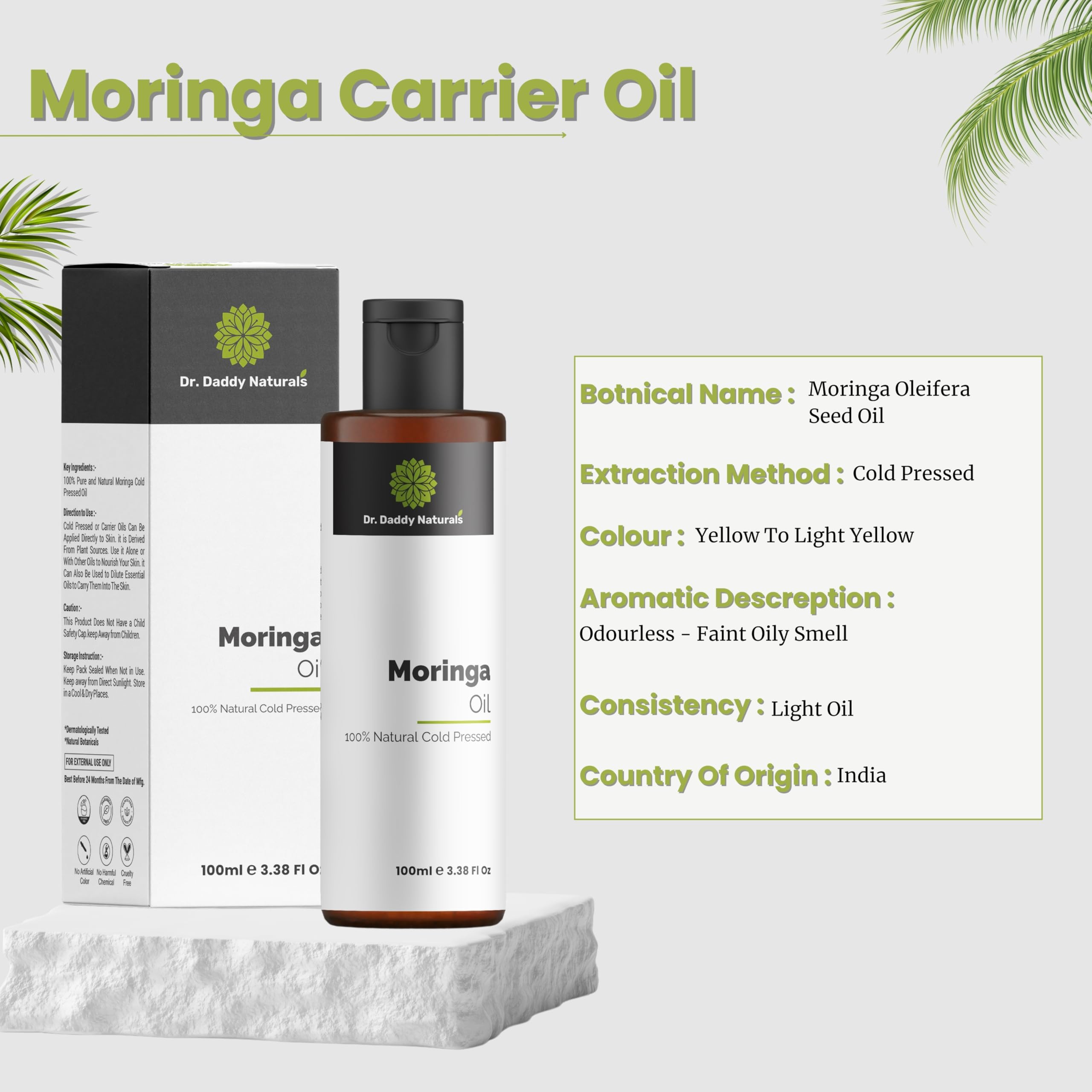100% Cold Pressed Moringa Oil for Hair & Skin | Dr. Daddy Naturals Pure Moringa Oleifera (Behen Oil) | Deep Moisturizing & Hydrating Treatment for Shiny, Smooth Hair & Glowing Skin | 100ml | Perfect for Daily Hair Care & Facial Hydration Routine
