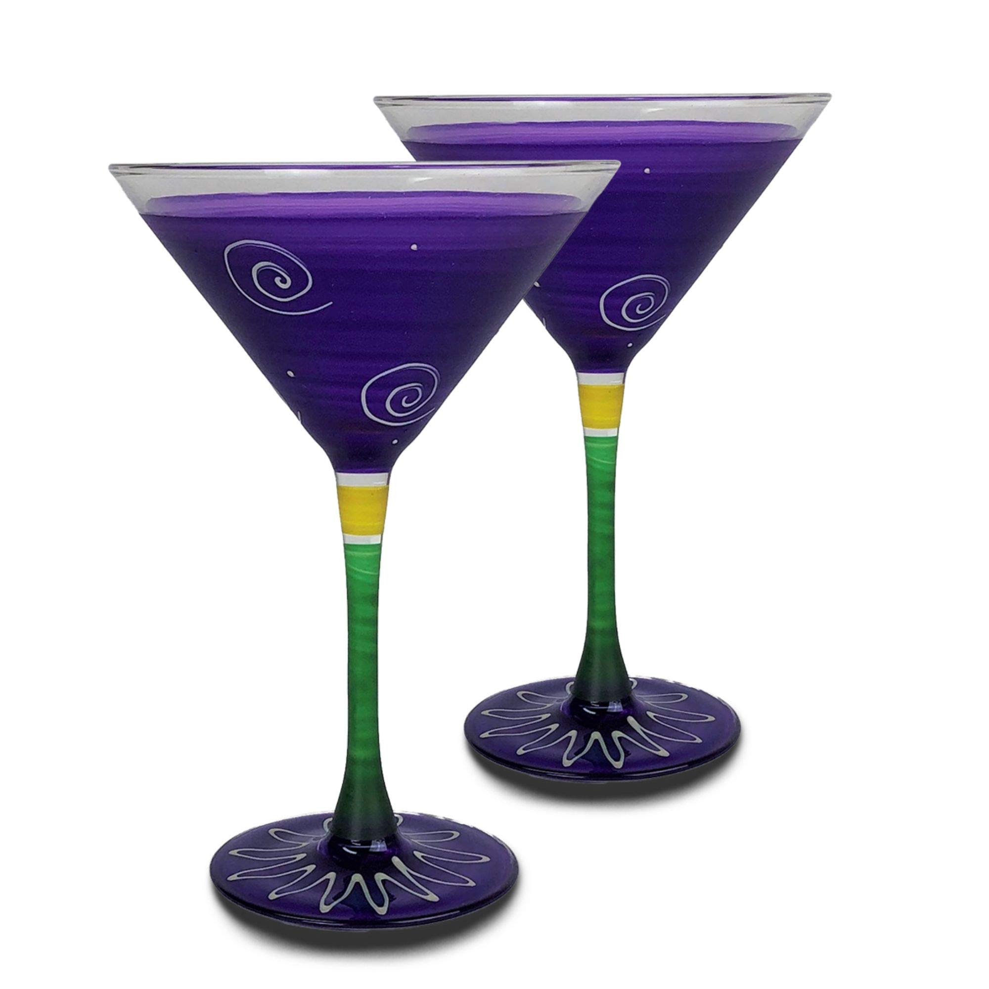 Set of 2 Hand Painted Purple & White Martini Glasses - 7.5 oz Cocktail Glasses for Parties, Weddings & Home Bar Decor