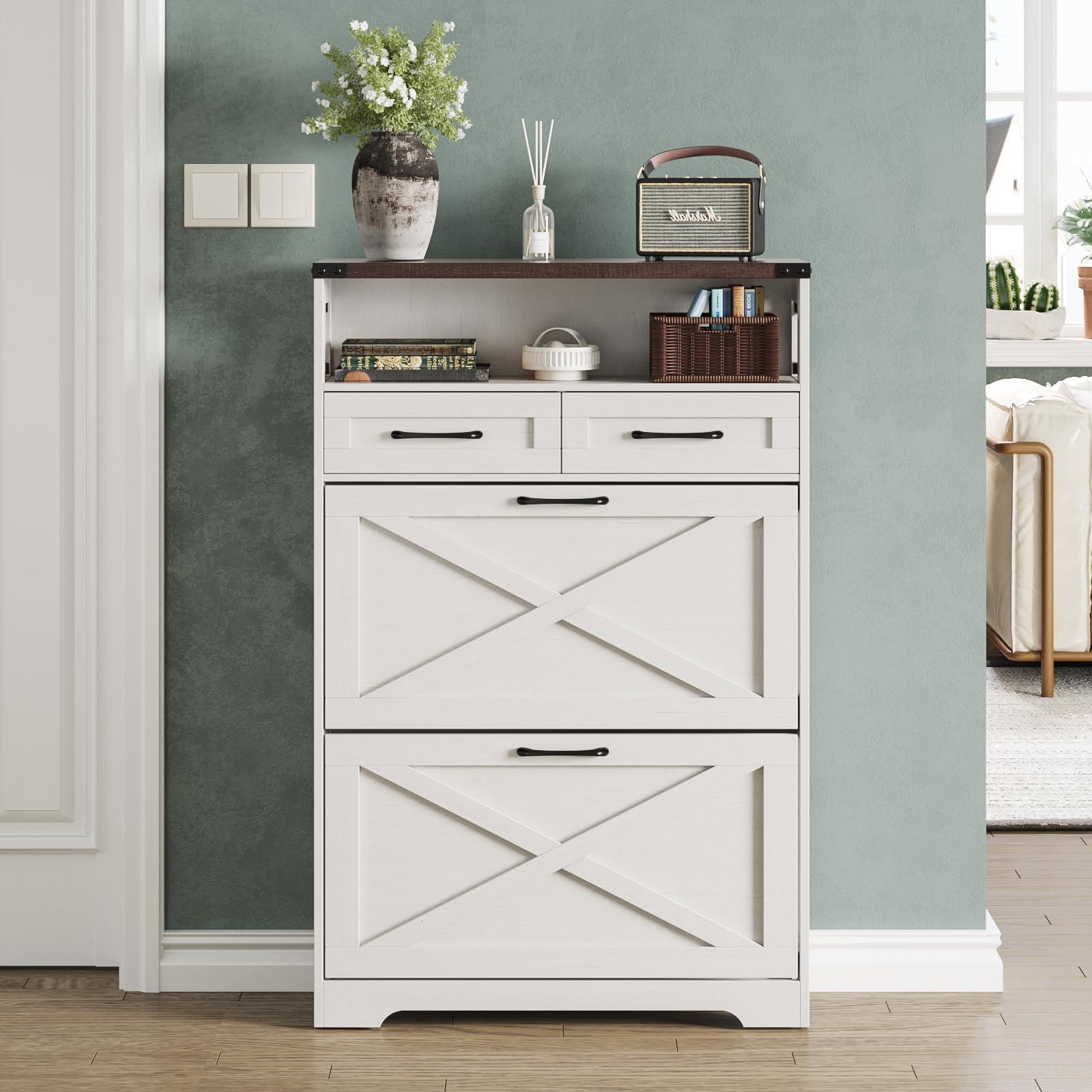 Maupvit Farmhouse Shoe Storage Cabinet - 2 Flip Drawers & 2 Drawers with Doors and Shelves - Entryway Shoe Organizer for Front Door - Narrow Shoe Rack for Small Spaces - Perfect for Hallway, Closet or Mudroom Organization - White