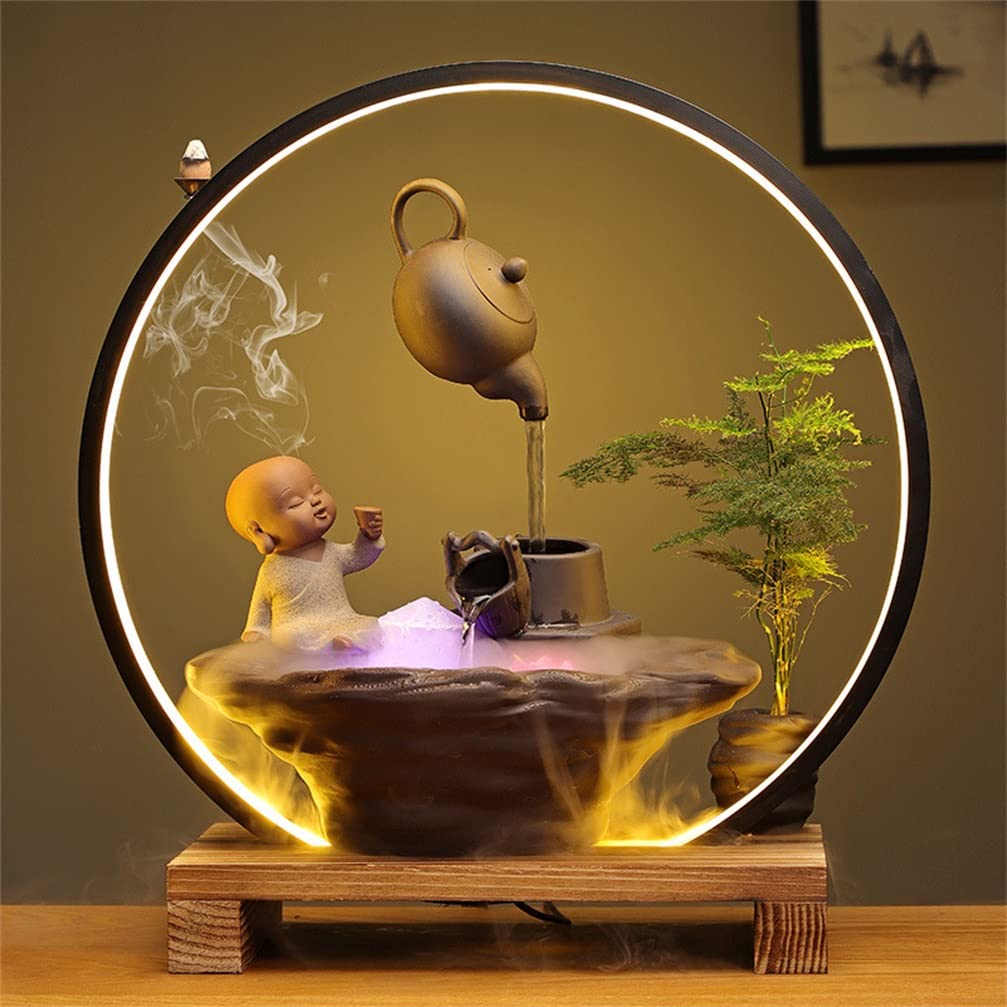 Ceramic Backflow Incense Burner Holder - Monk Teapot Smoke Waterfall Aroma Diffuser with LED Lights for Home, Yoga, Meditation & Relaxation | Perfect for Aromatherapy, Stress Relief & Spiritual Practices (Color: A)
