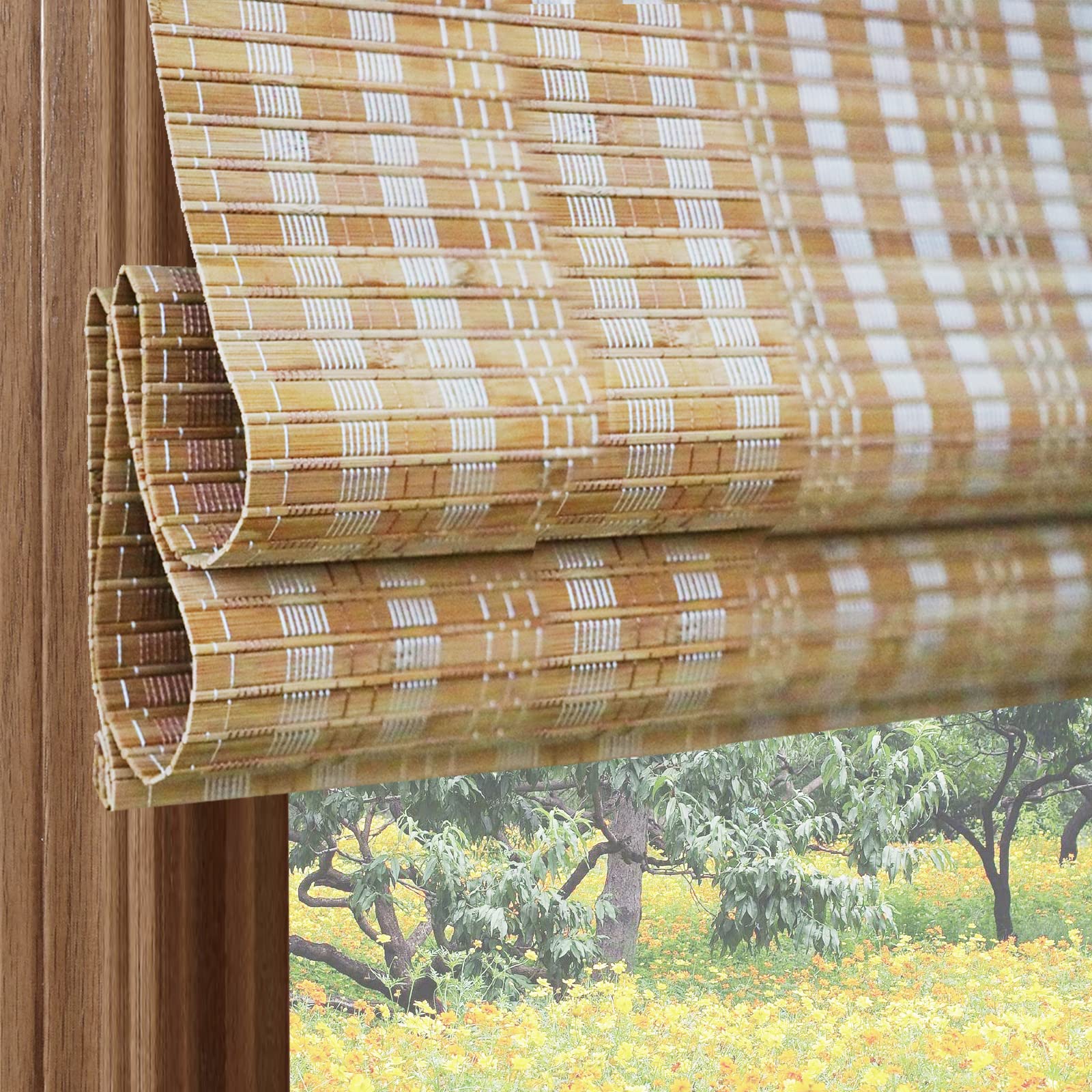 Cordless Blackout Bamboo Window Shades - Light Filtering Woven Wood Roller Blinds with 6