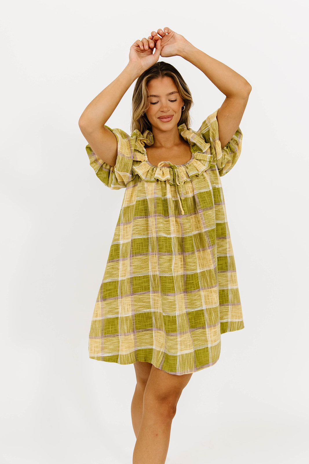 Deedee Plaid Weave Mini Dress in Green | Women's Casual Flowy Summer Dress for Party, Date Night & Outdoor Activities