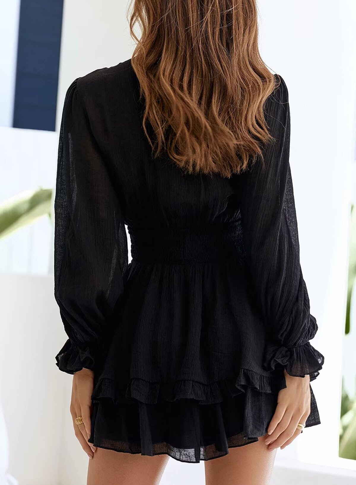 Dokotoo Women's Casual Deep V Neck Knotted Tiered Chiffon Mini Skater Dress for Spring Summer 2025 | Elegant Swing Short Dress for Party, Date Night & Vacation Outfits