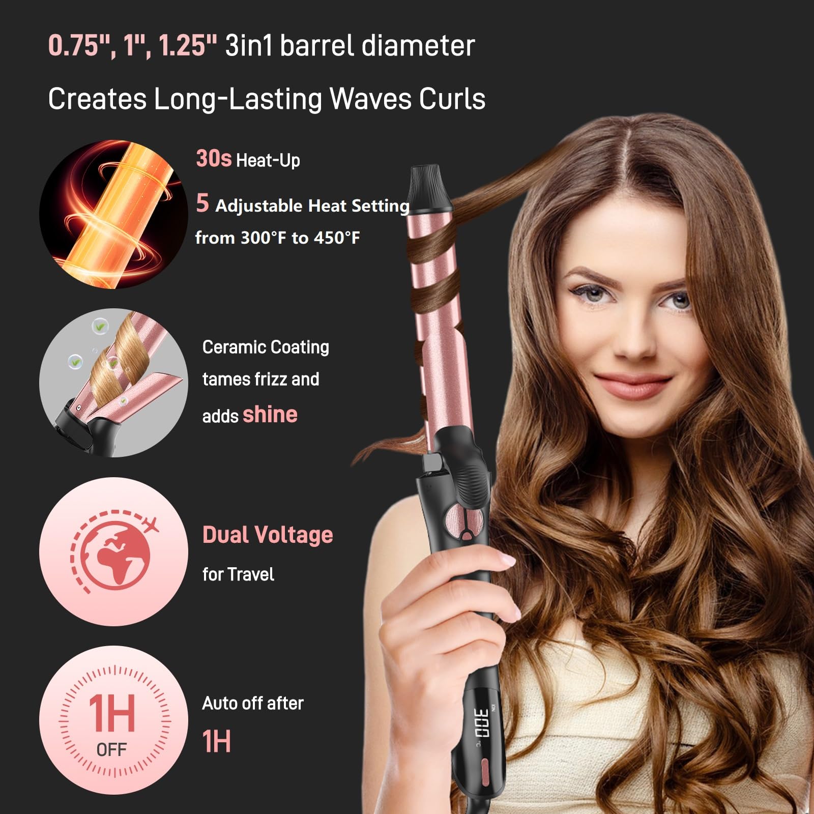 3-in-1 Rotating Curling Iron with Interchangeable Wands (3/4