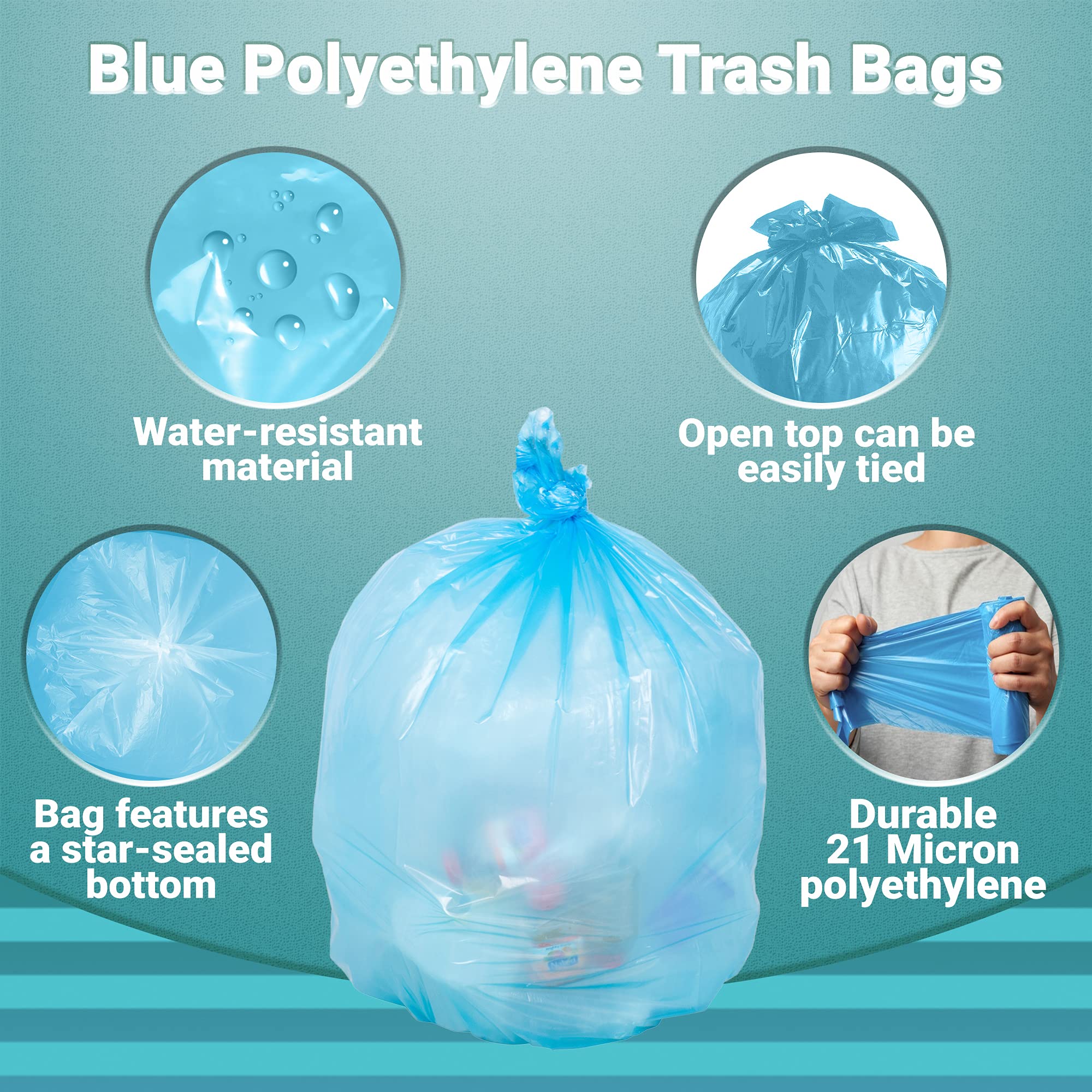 APQ Blue Heavy Duty Trash Bags 30x48 Inches - 250 Pack Thick 21 Micron Polyethylene Garbage Bags | 100 Gallon Recyclable Trash Can Liners for Office, School, Kitchen & Outdoor Use | Extra Strong Leak Proof Waste Disposal Bags for Commercial & Home Cleaning
