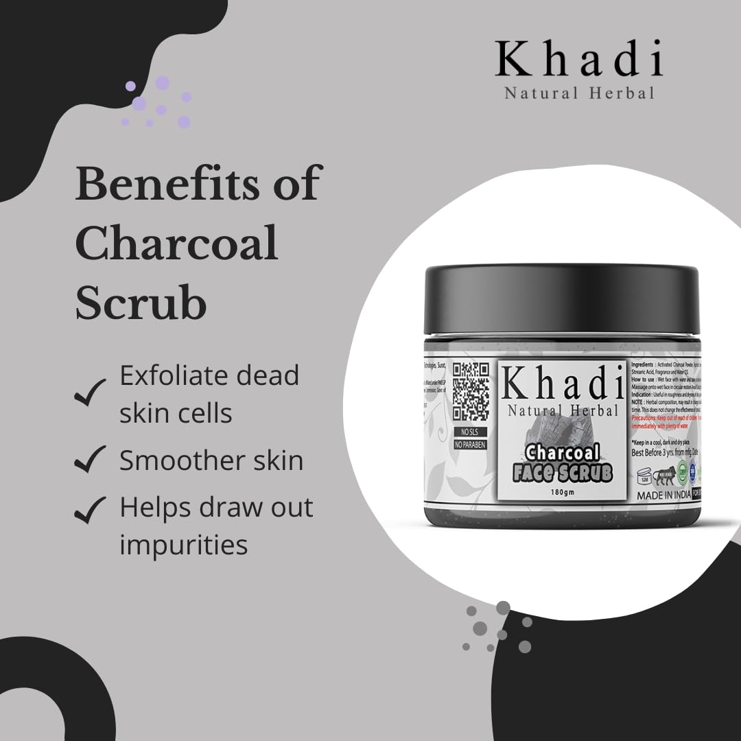 Khadi Natural Herbal Charcoal Face Scrub for Women & Men - Deep Cleansing, Anti-Acne, Blackhead Removal & Exfoliating | Tan Removal & Glowing Skin Treatment | 180GM Pack | Perfect for Daily Skincare & Spa Days