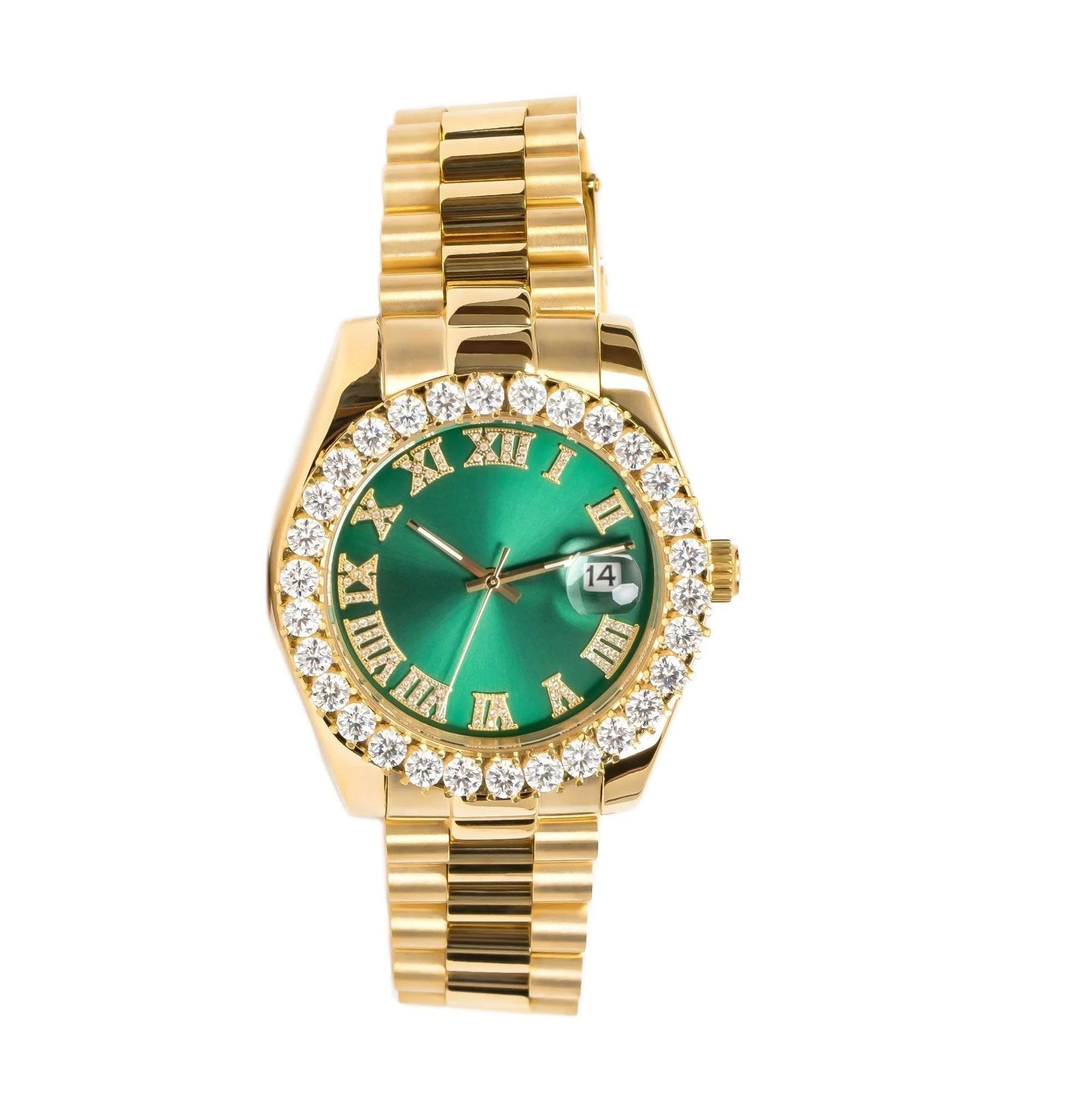 Moissanite vs Diamond Watch - 14k Gold Tone Roman Green Dial Solitaire Bezel Luxury Women's Watch | Perfect for Formal Events, Anniversary Gifts & Special Occasions