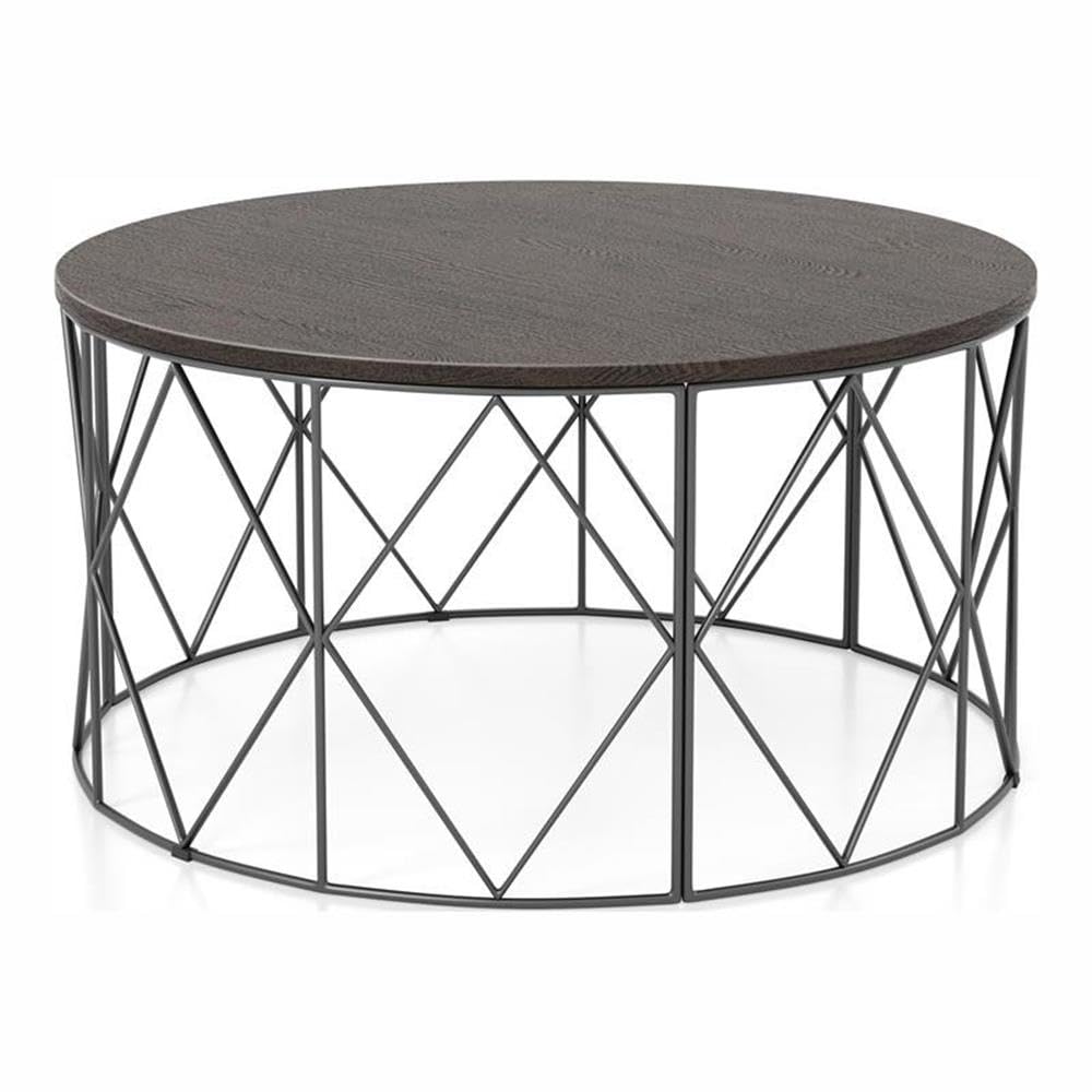 Furniture of America Borche Industrial Wood Round Coffee Table - Walnut Finish, Modern Farmhouse Style for Living Room, Lounge & Office Decor