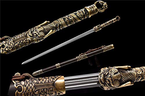 Chinese Dragon King Jian Sword - Handcrafted Damascus Steel Katana with Razor Sharp Blade - Perfect for Martial Arts Training, Cosplay, and Collectors