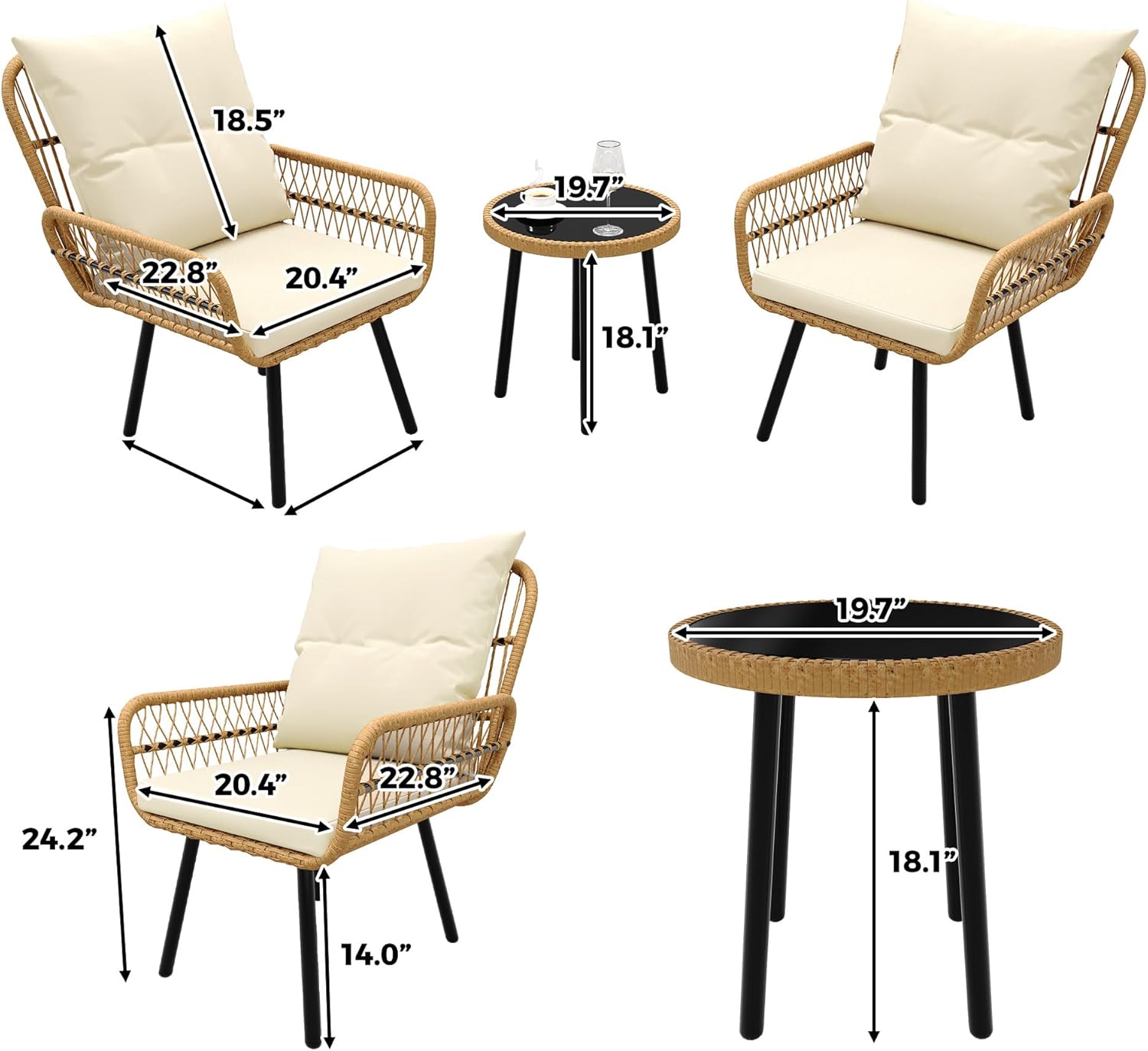 GARVEE 3-Piece Outdoor Wicker Patio Bistro Set - All-Weather Rattan Conversation Set with Glass Top Coffee Table & Cushioned Chairs - Perfect for Poolside, Garden, Backyard, Balcony & Patio Decor - Beige