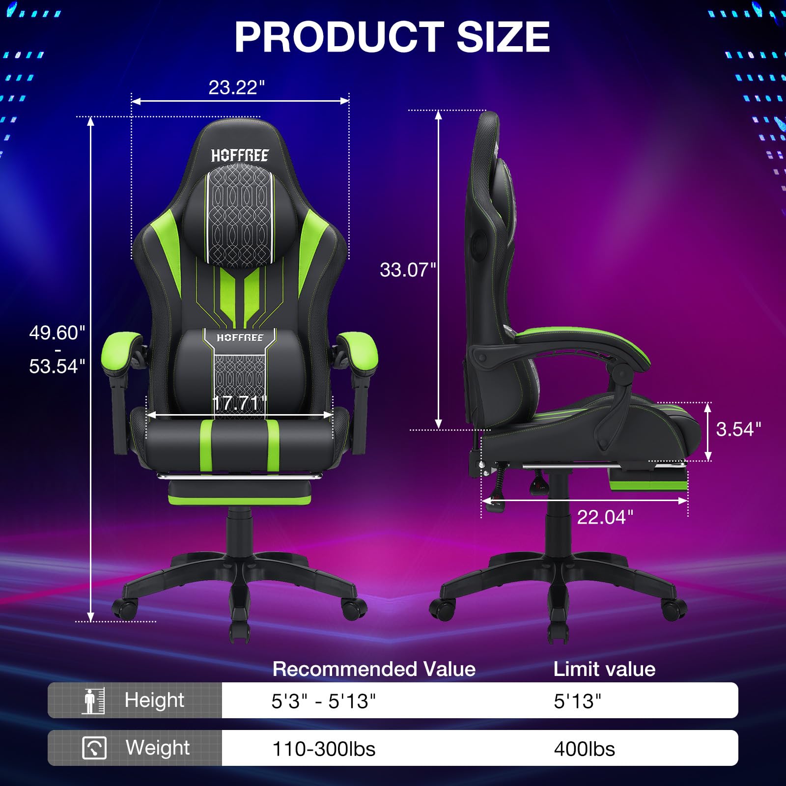 HOFFREE LED Gaming Chair with Massage & Bluetooth Speakers - Ergonomic Big and Tall PC Gaming Chair with Footrest for Adults (400lbs Capacity) - Green & Black Computer Desk Chair for Gaming, Office & Home Entertainment