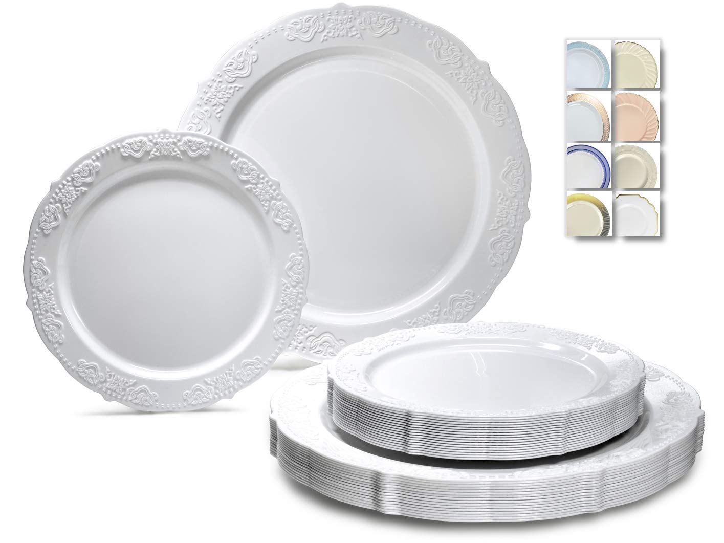 240-Pack Vintage Disposable Plastic Plates Set for Weddings & Parties - 120 x 10.25'' Dinner Plates + 120 x 7.5'' Salad/Dessert Plates in Plain White (Portofino) - Perfect for Large Gatherings, Buffets & Catering Events