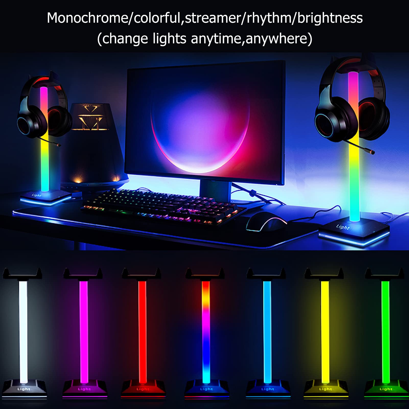 RGB Gaming Headset Stand with 11 Lighting Modes | USB Type-C LED Headphone Holder | Desk Organizer for Gamers & Streamers | Perfect for Gaming Setups & Home Office Desktops